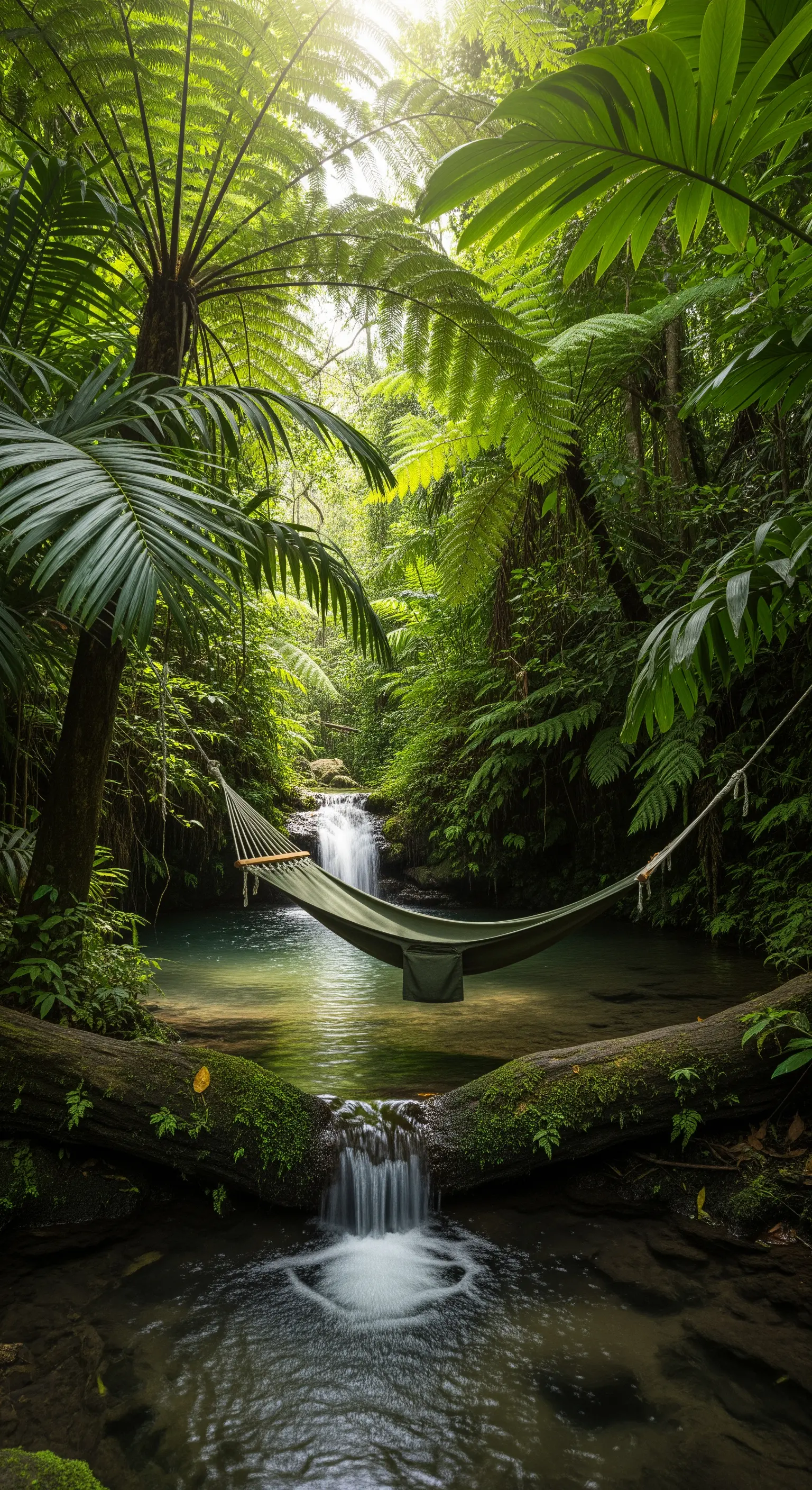 Amaca verde sospesa su un ruscello in una fitta foresta pluviale.