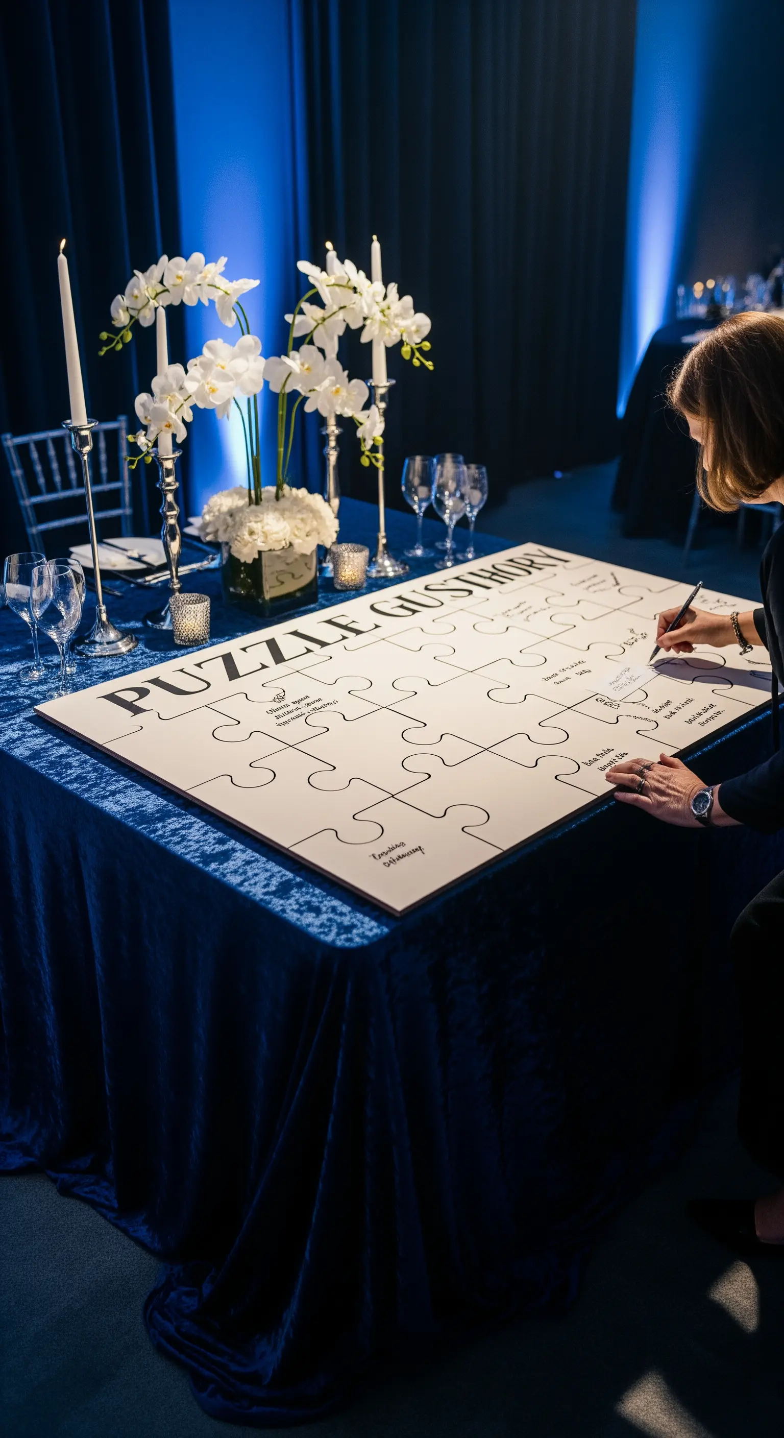 Grande puzzle bianco dove gli invitati firmano ogni singolo pezzo