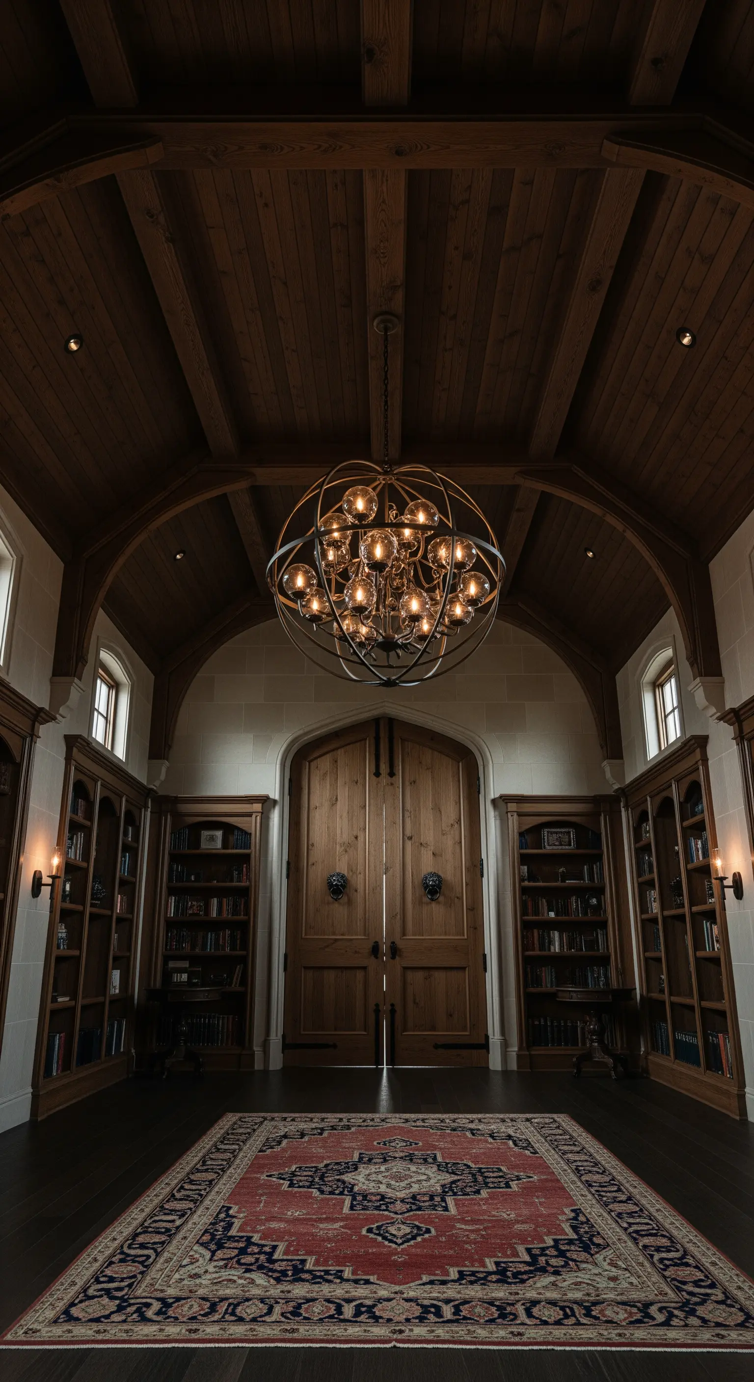 Ingresso buio e accogliente con librerie a muro, soffitto in legno e lampadario sferico industriale.