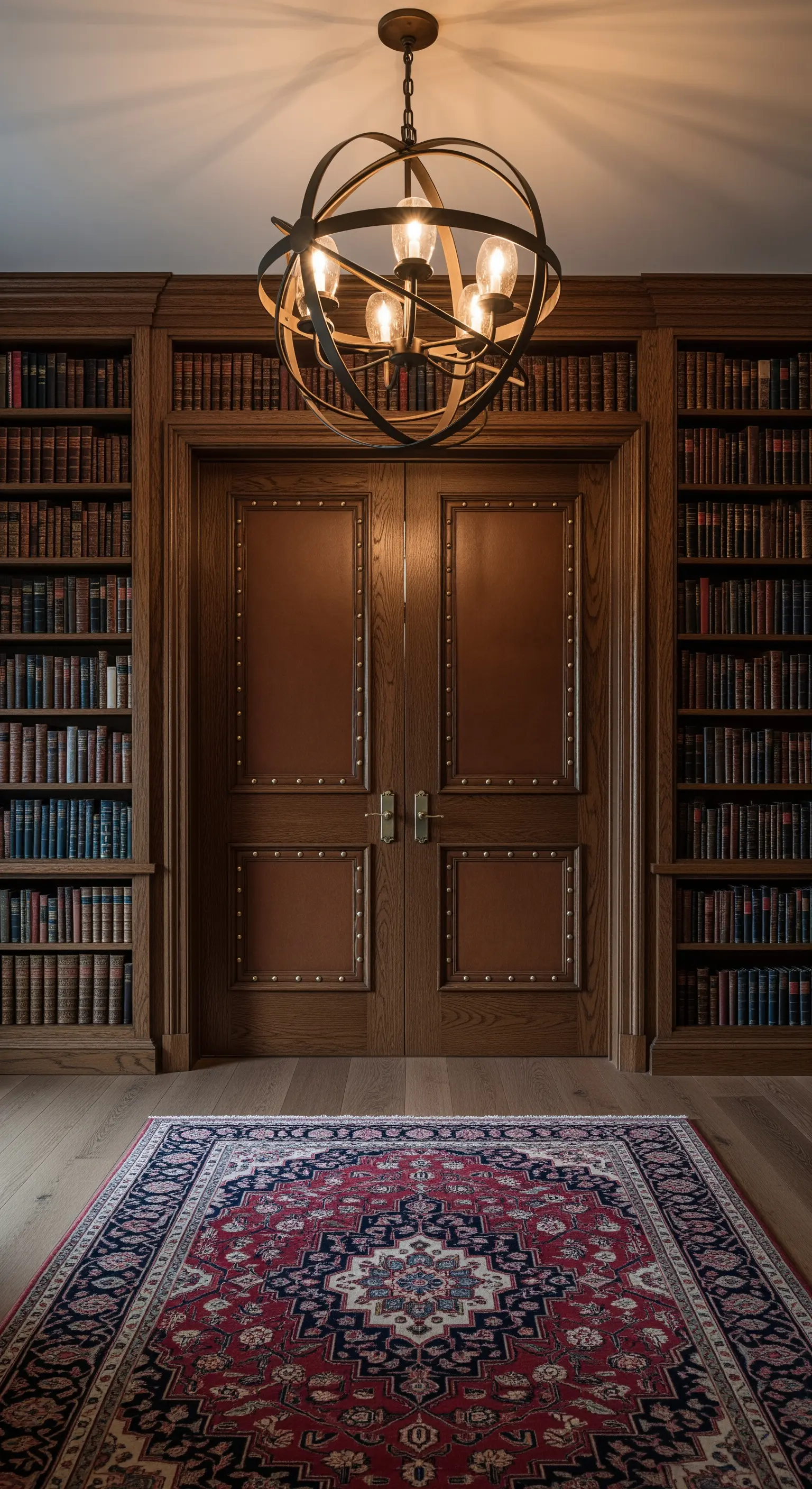 Ingresso di una biblioteca con boiserie in legno e porte rivestite in pelle.