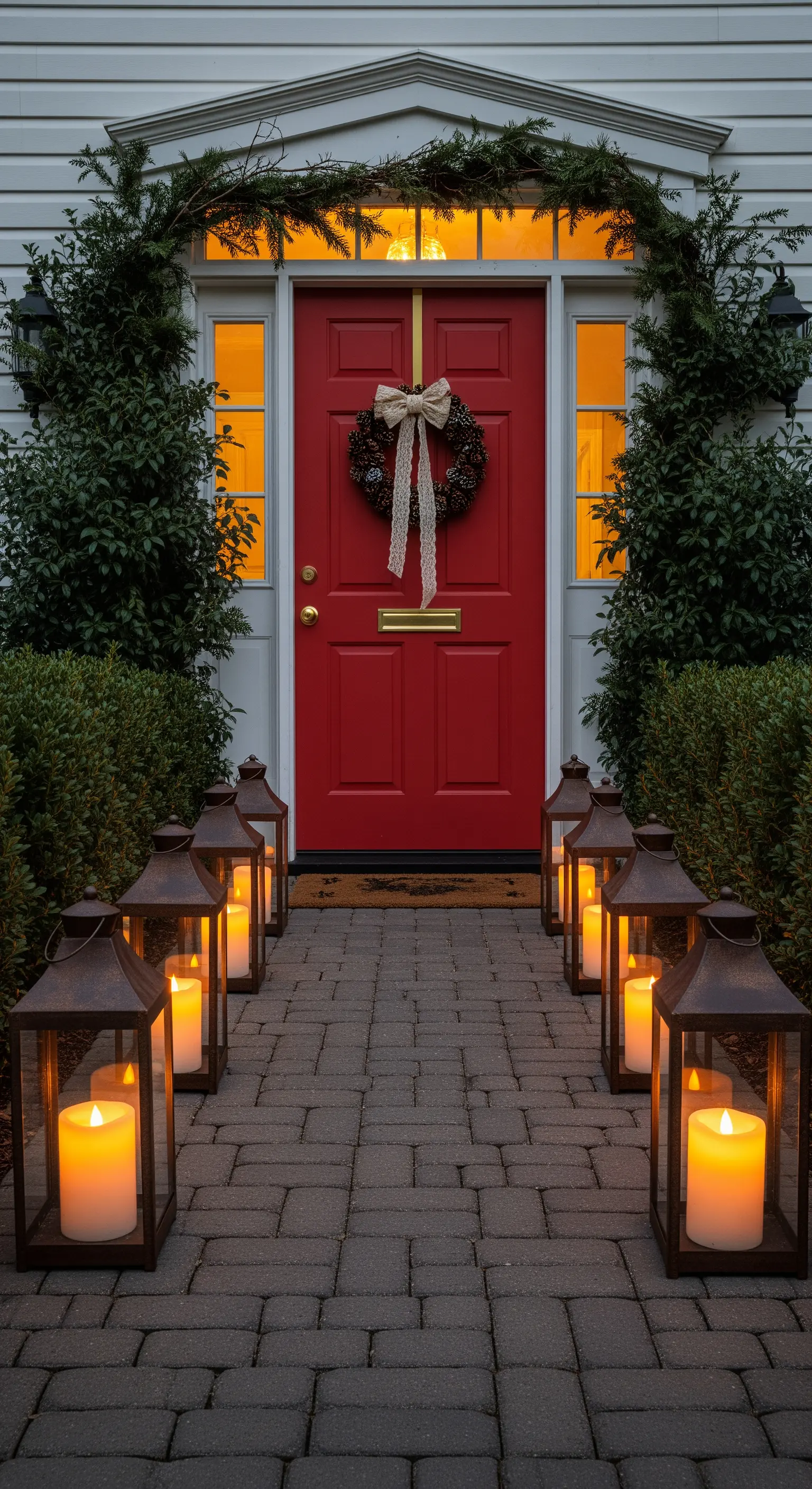 Porta d'ingresso rossa con ghirlanda e un viale illuminato da lanterne con candele.
