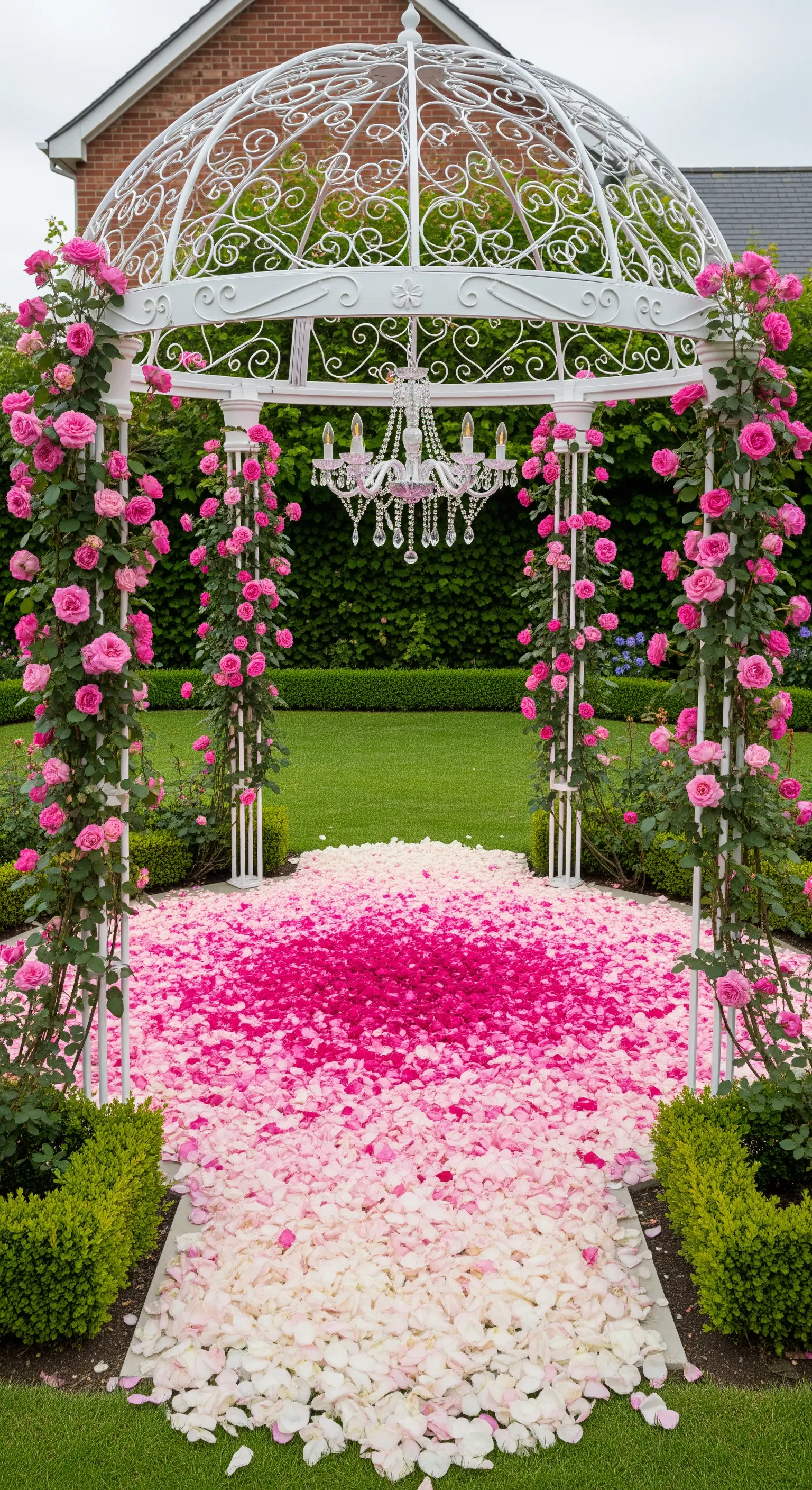 Ingresso di un gazebo bianco con rose rampicanti, chandelier e tappeto di petali sfumati.