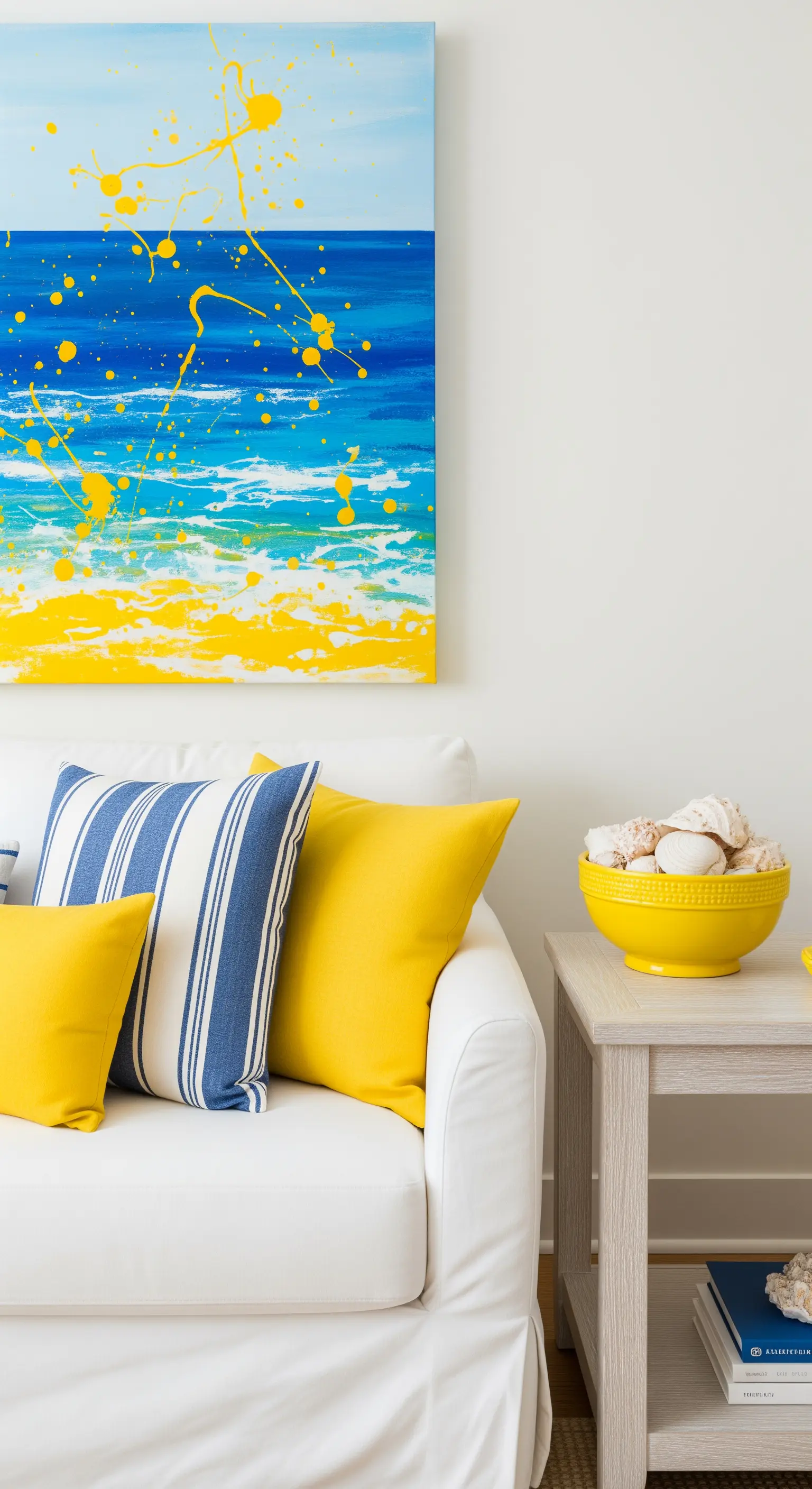 Divano bianco con cuscini a righe blu e cuscini gialli a contrasto.