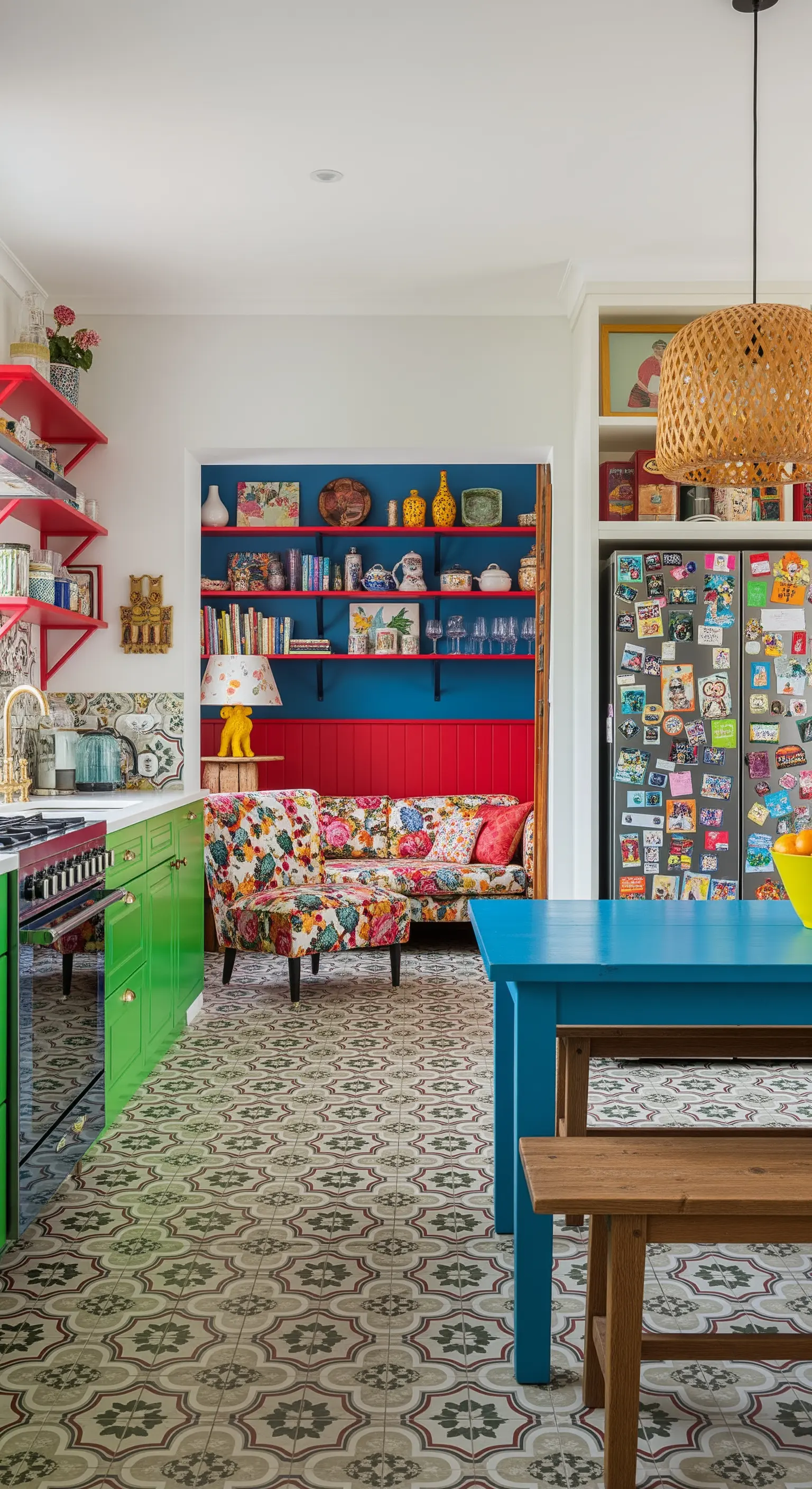 Cucina massimalista e colorata con mobili verdi, tavolo blu e una nicchia con divano fiorato.