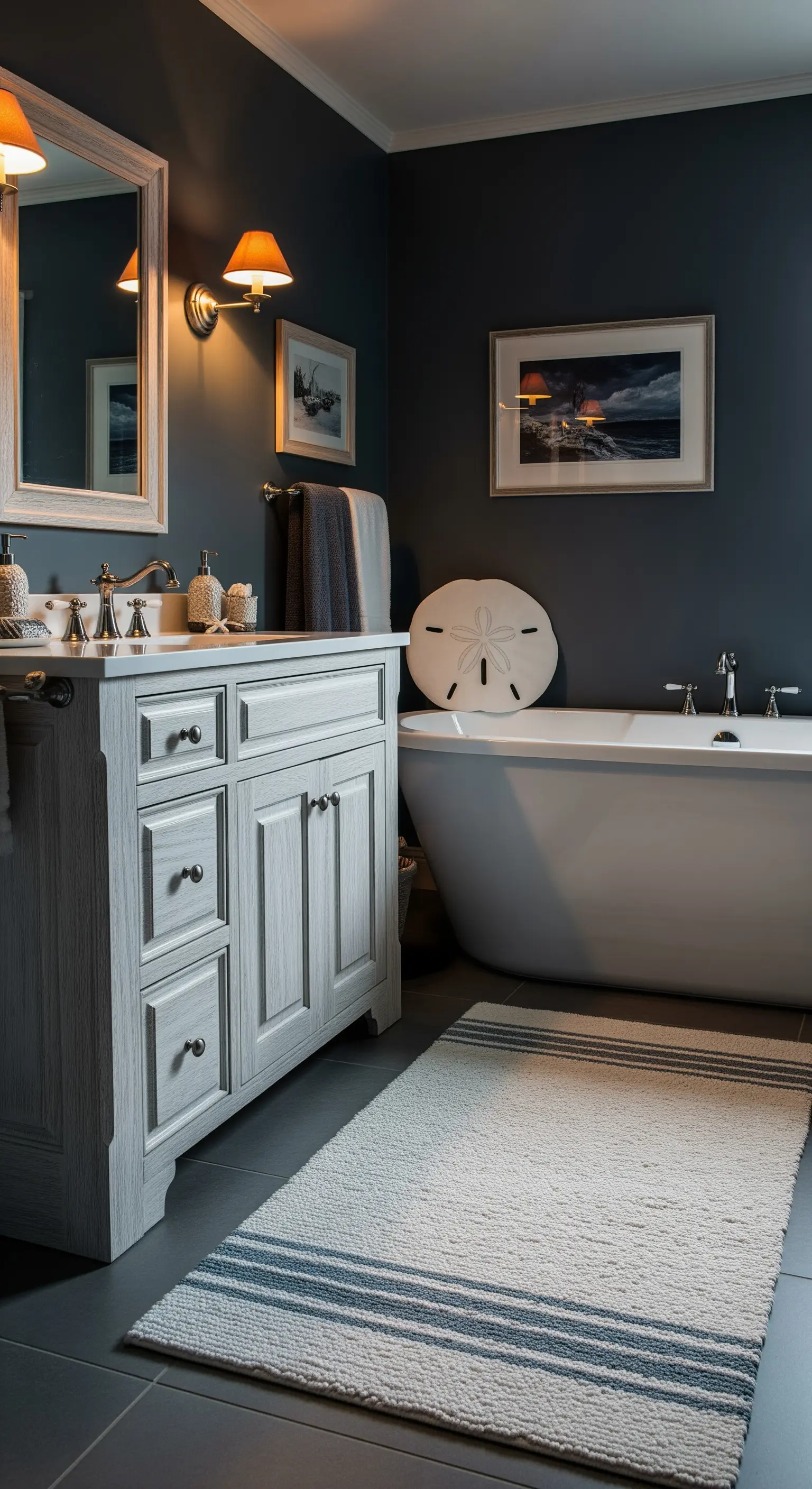 Bagno con pareti grigio scuro, mobile in legno sbiancato e vasca freestanding.