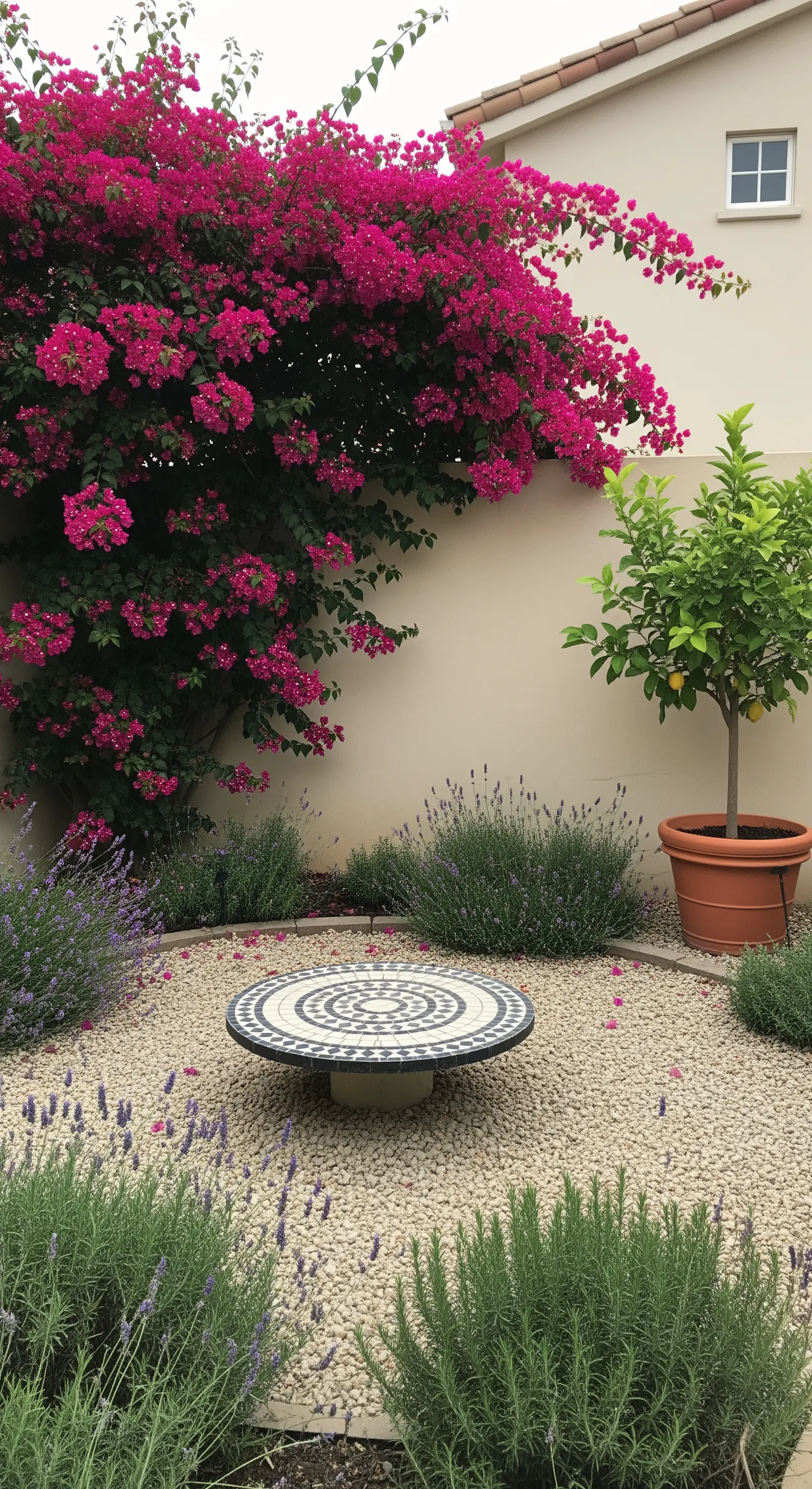 Giardino con ghiaia, lavanda, bouganville e un tavolo basso rotondo in mosaico.