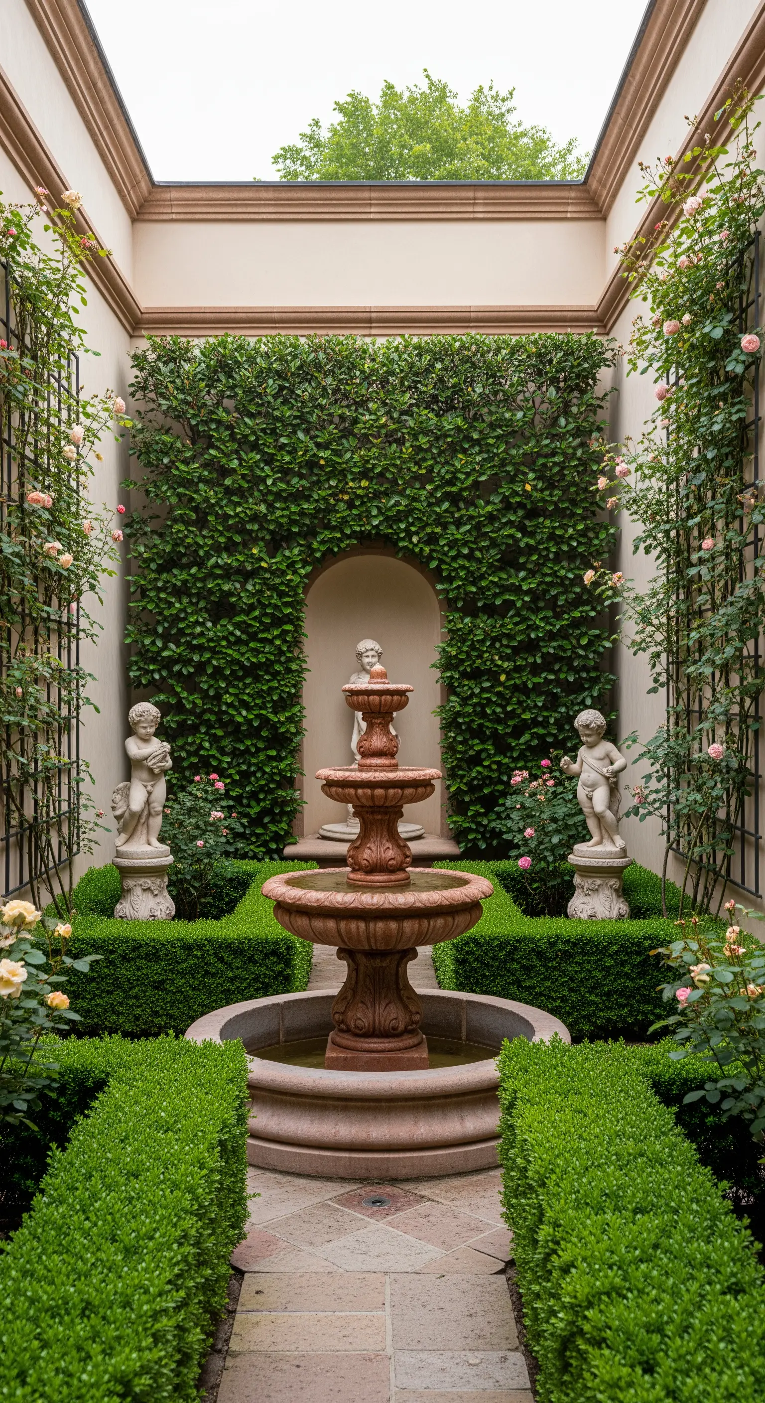 Piccolo cortile con fontana in terracotta, statue di putti e pareti coperte di rose rampicanti.