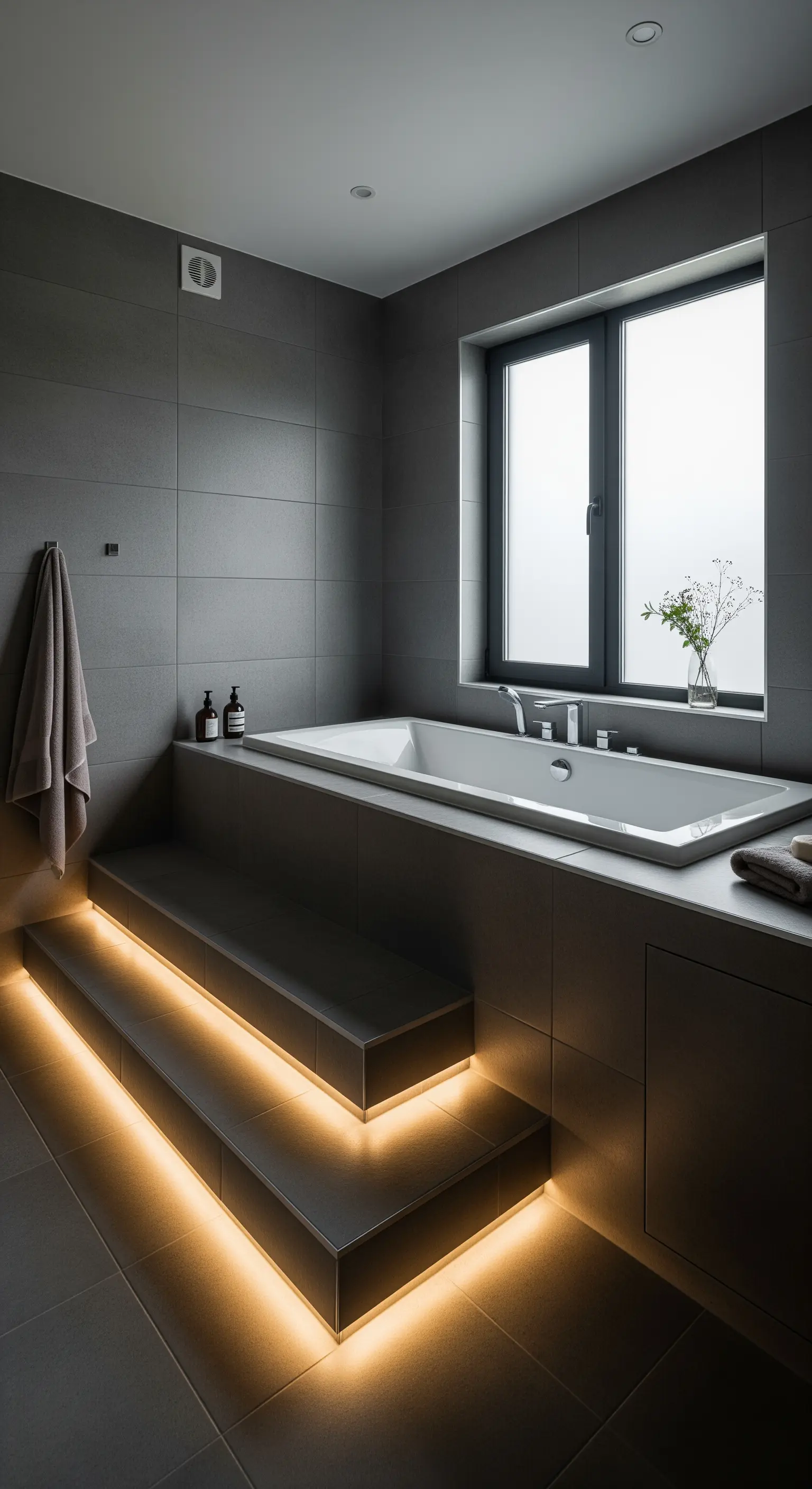 Vasca da bagno incassata con gradini di accesso illuminati da strisce LED.