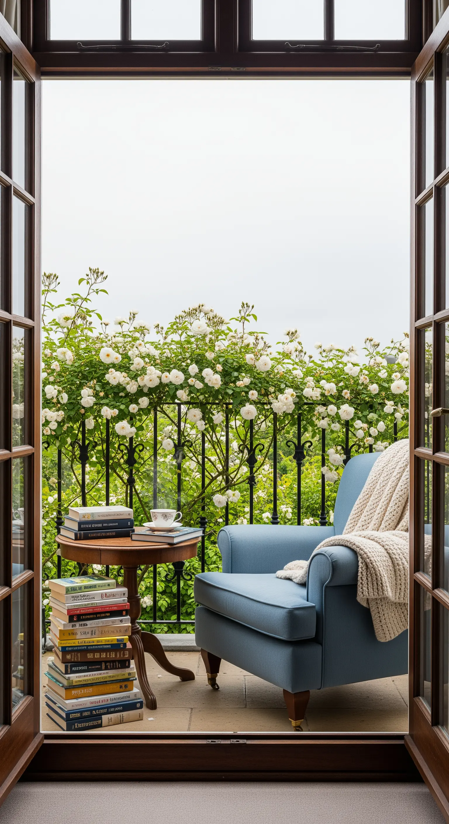 Angolo lettura su un balcone con poltrona azzurra, plaid e una pila di libri