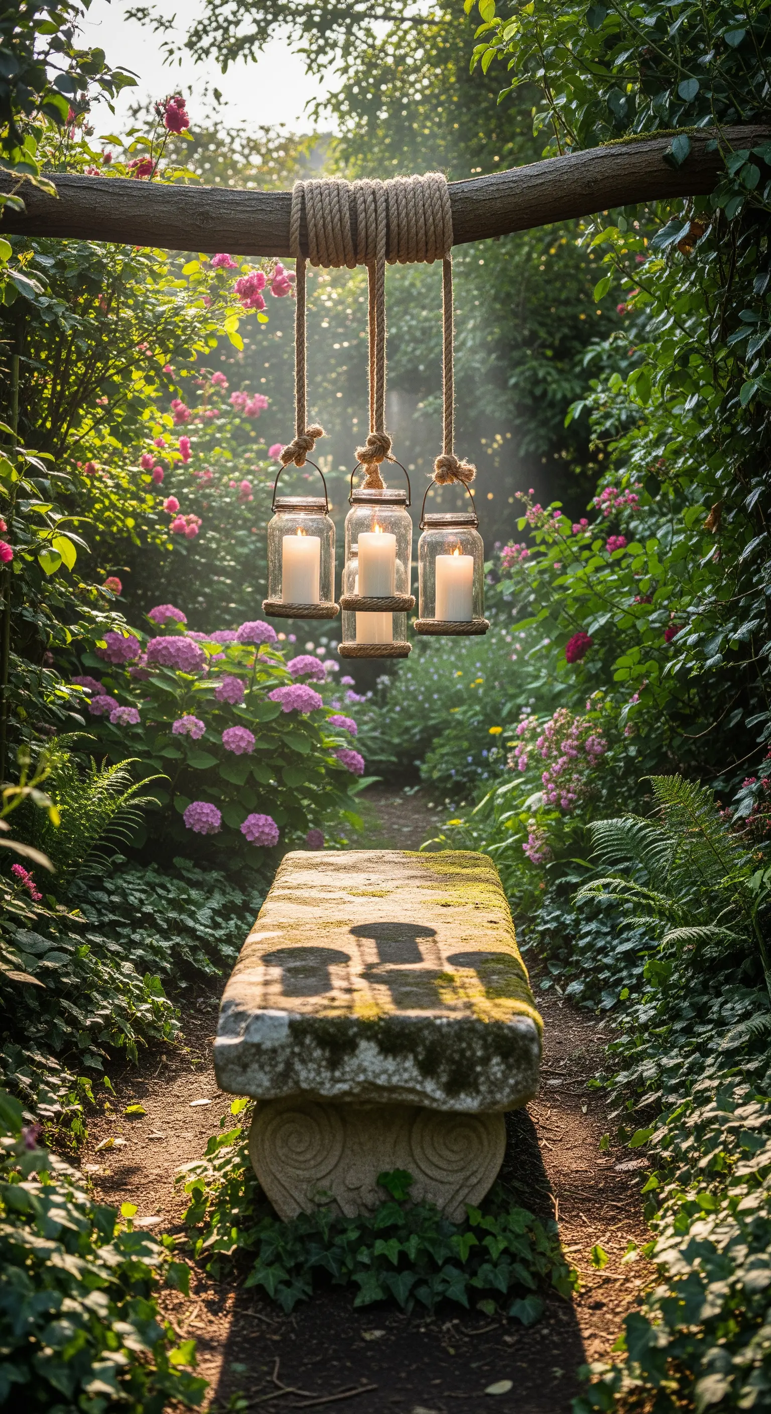 Panca in pietra in un giardino, illuminata da tre candele in barattoli di vetro appesi.