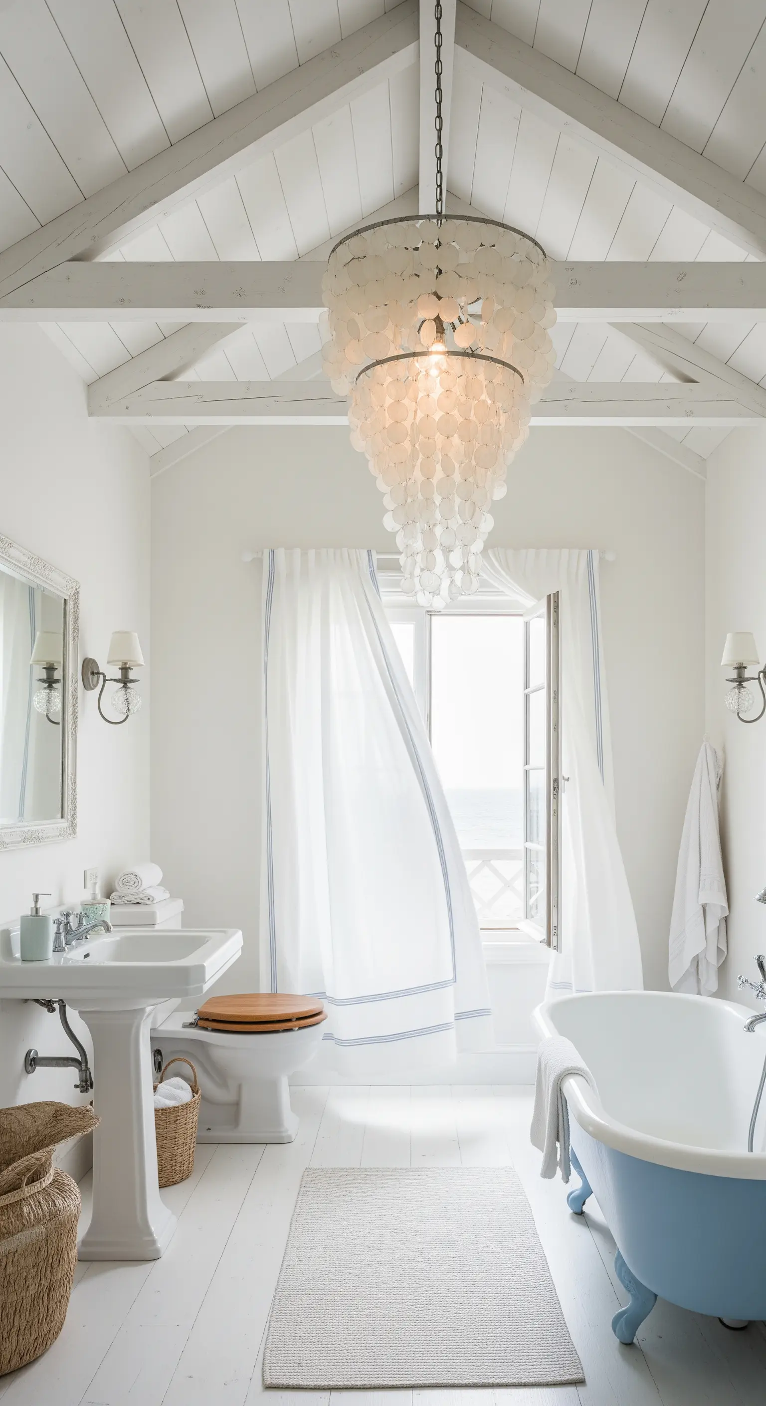 Bagno bianco con lampadario di conchiglie, travi a vista e vasca azzurra.