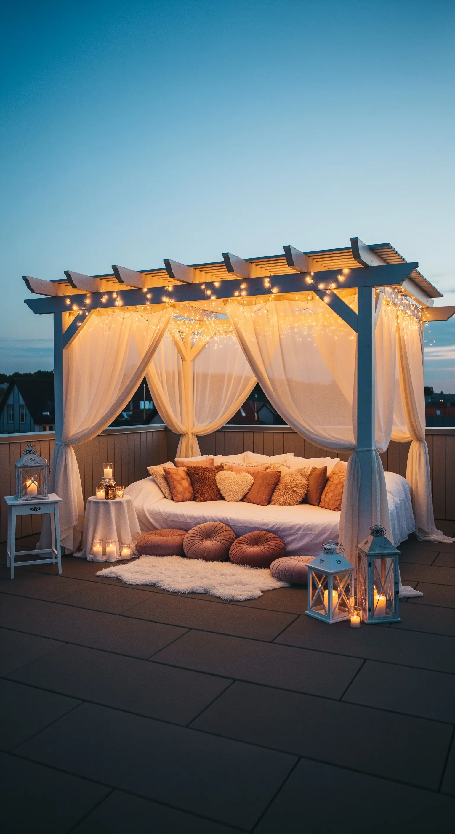 Letto da esterno su un terrazzo, sotto una pergola illuminata da lucine e avvolta in tende bianche