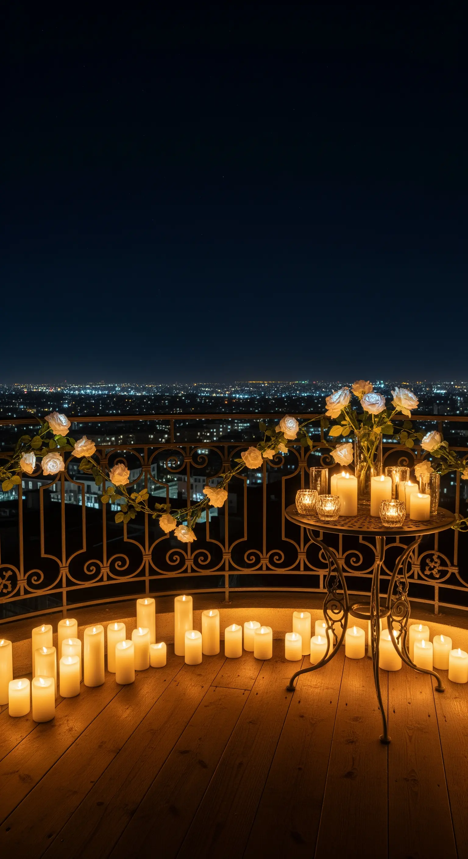 Balcone di notte illuminato solo da decine di candele e una ghirlanda di rose bianche