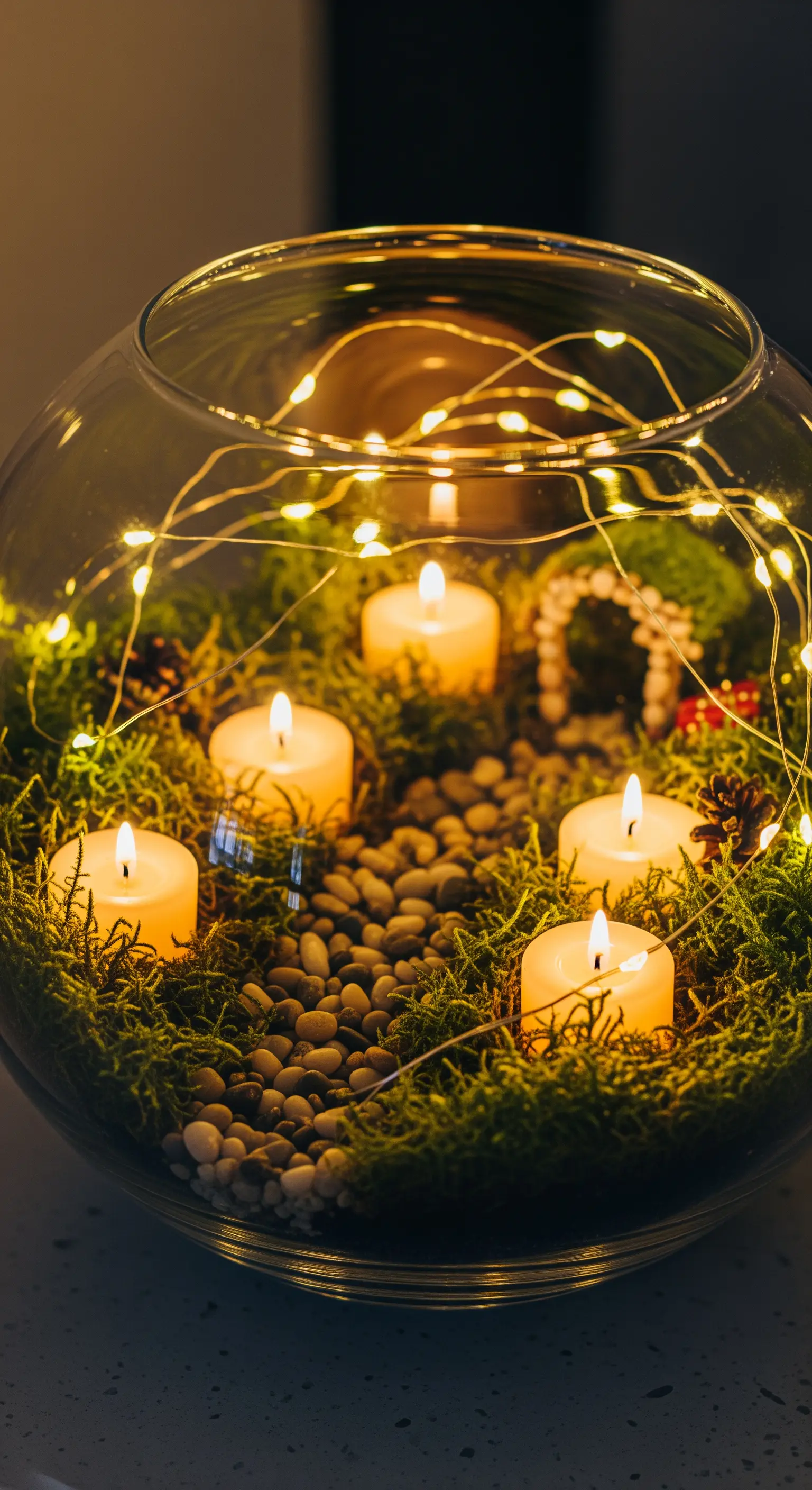 Terrario di vetro con muschio, sassi, piccole candele e lucine a LED.