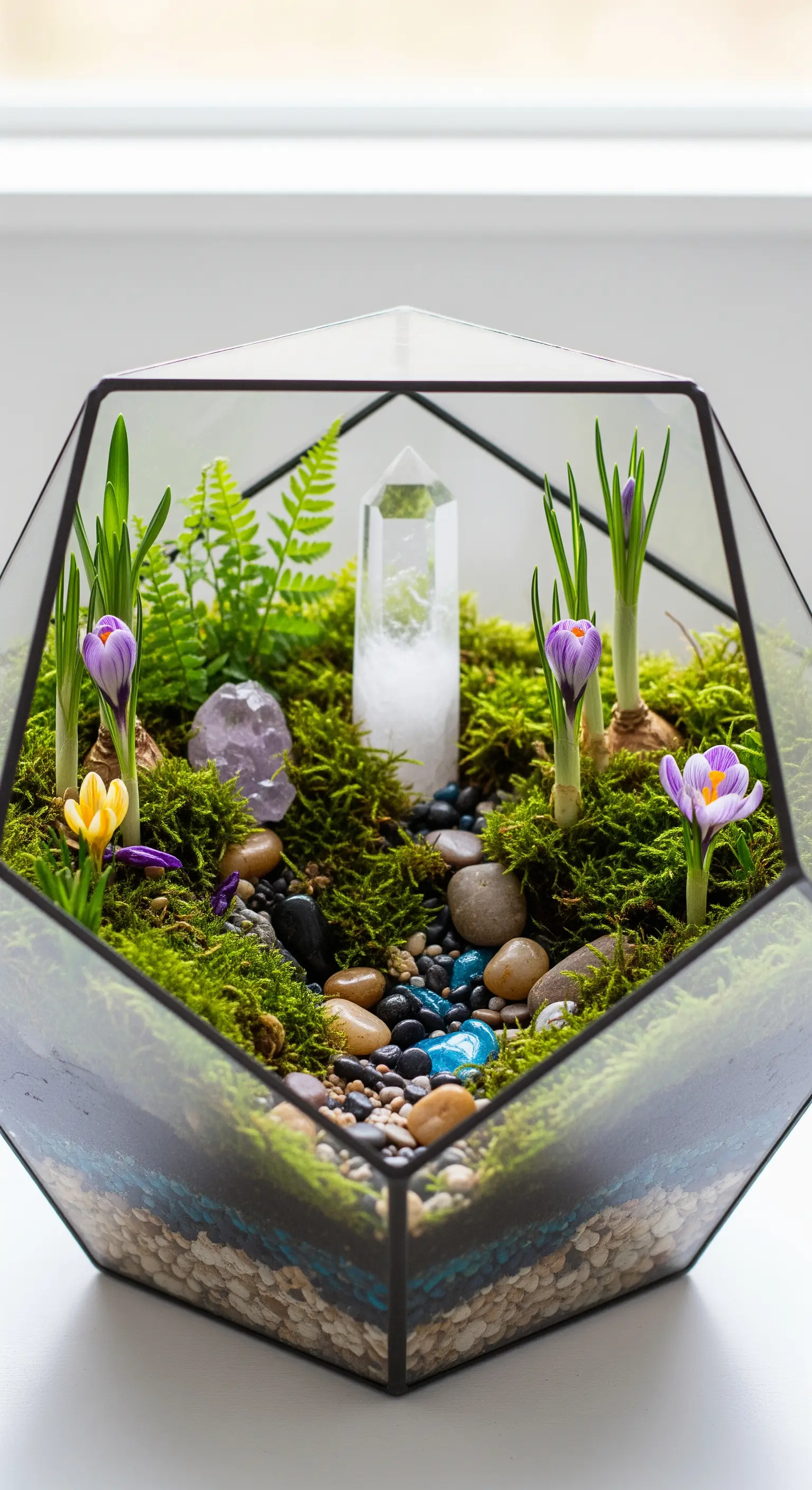 Terrario geometrico con muschio, pietre, cristalli e bulbi di croco in fiore.