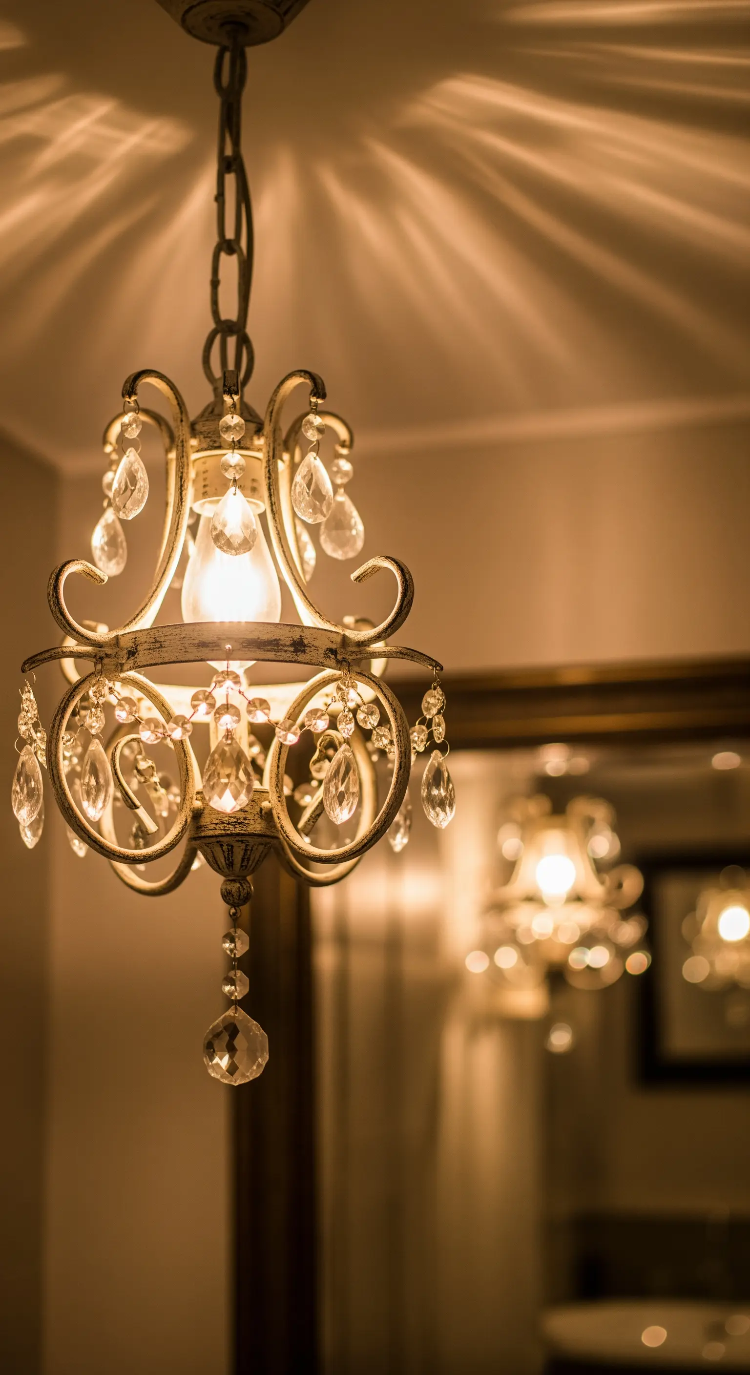 Dettaglio di un piccolo lampadario in metallo anticato con pendenti di cristallo, acceso.