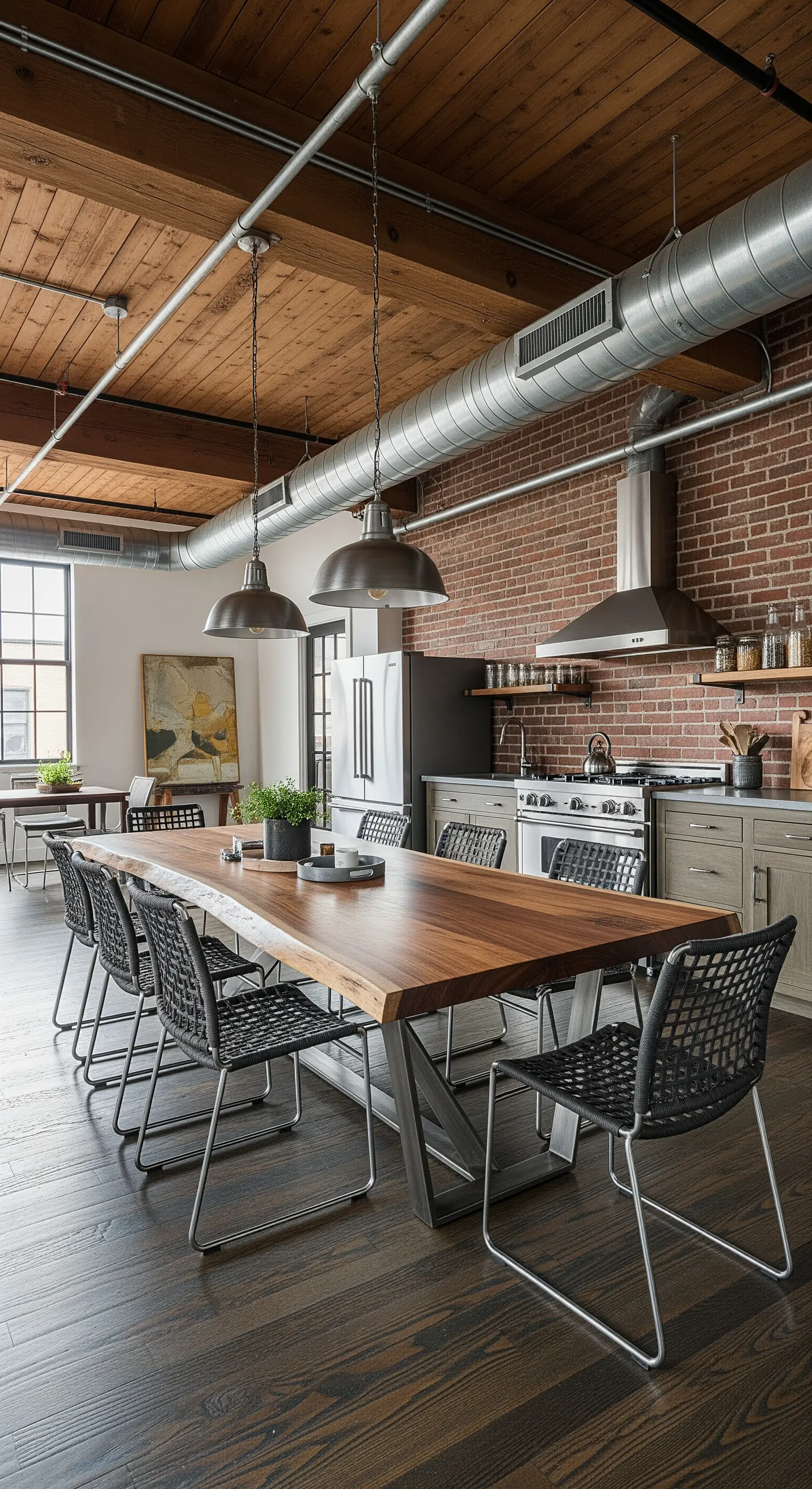 Cucina in un loft con parete in mattoni, tubi a vista e tavolo in legno e metallo.