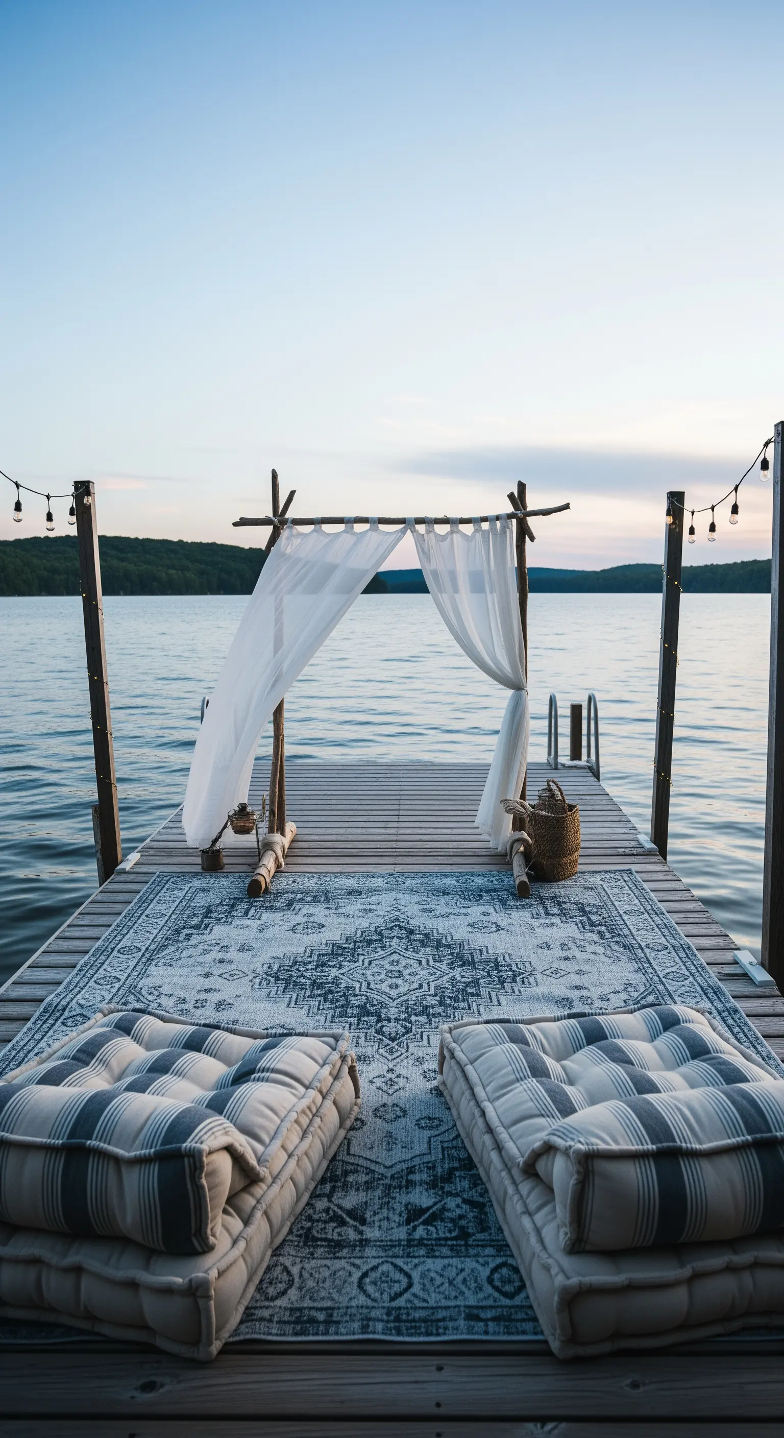 Molo sul lago con tappeto, cuscini da pavimento e un baldacchino improvvisato con un telo bianco