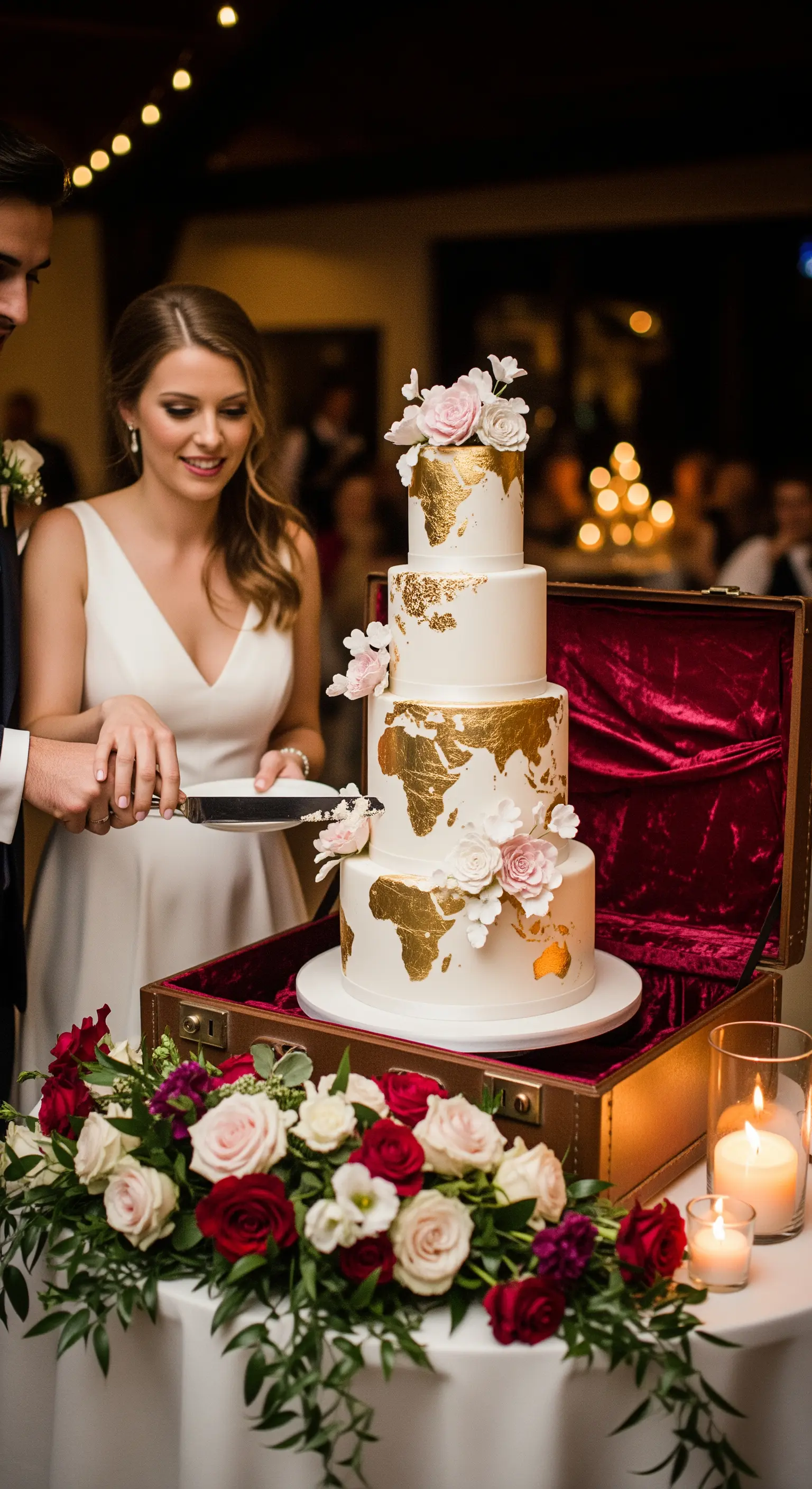 Torta nuziale bianca con mappa del mondo dorata, esposta dentro una valigia vintage foderata di velluto.