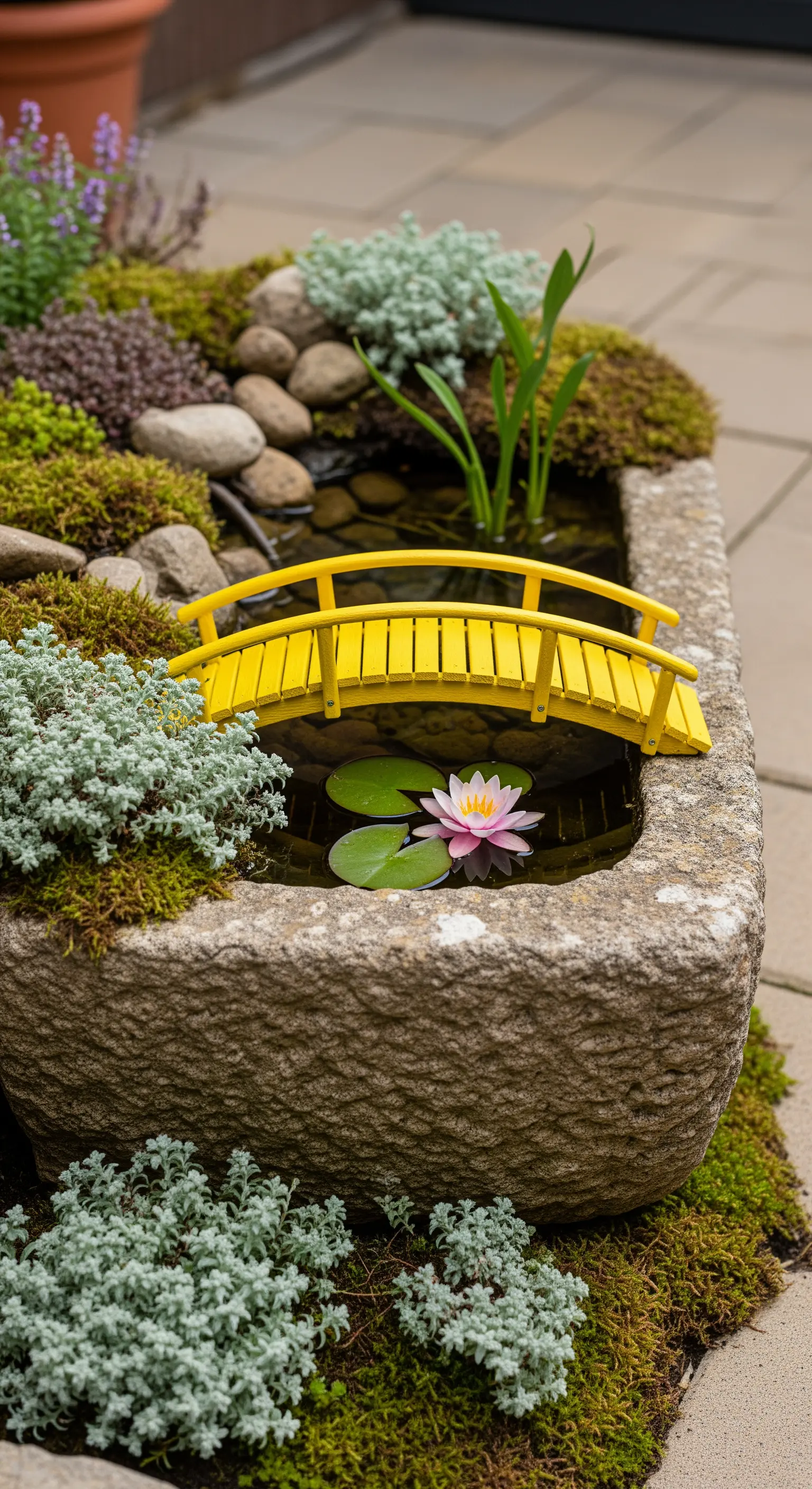 Mini laghetto in un lavatoio di pietra con un piccolo ponte giallo e una ninfea rosa