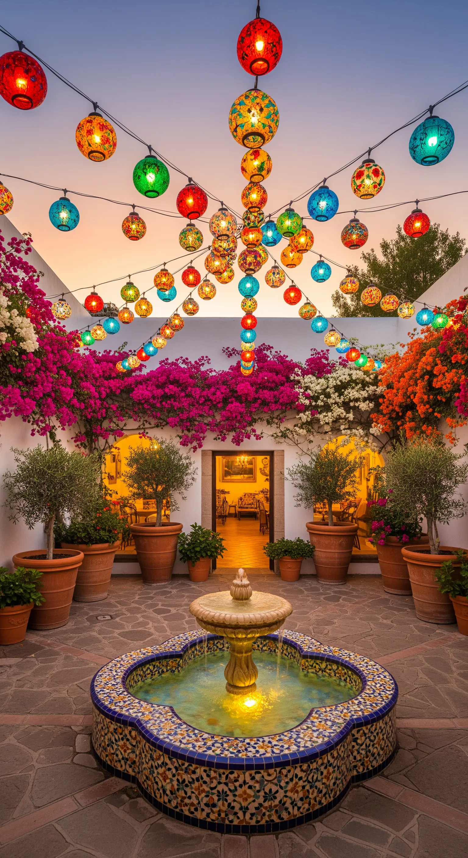 Cortile mediterraneo con una fontana, bouganville e lanterne di vetro colorato.