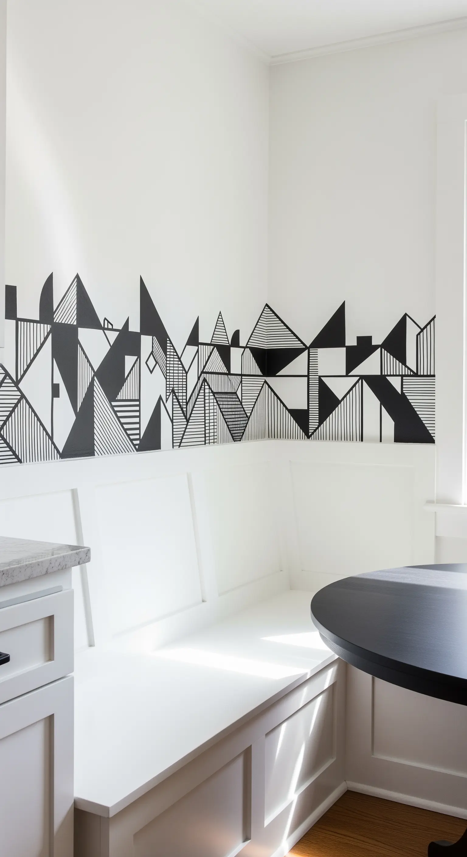 Angolo colazione bianco con un murale geometrico nero sulla parete.