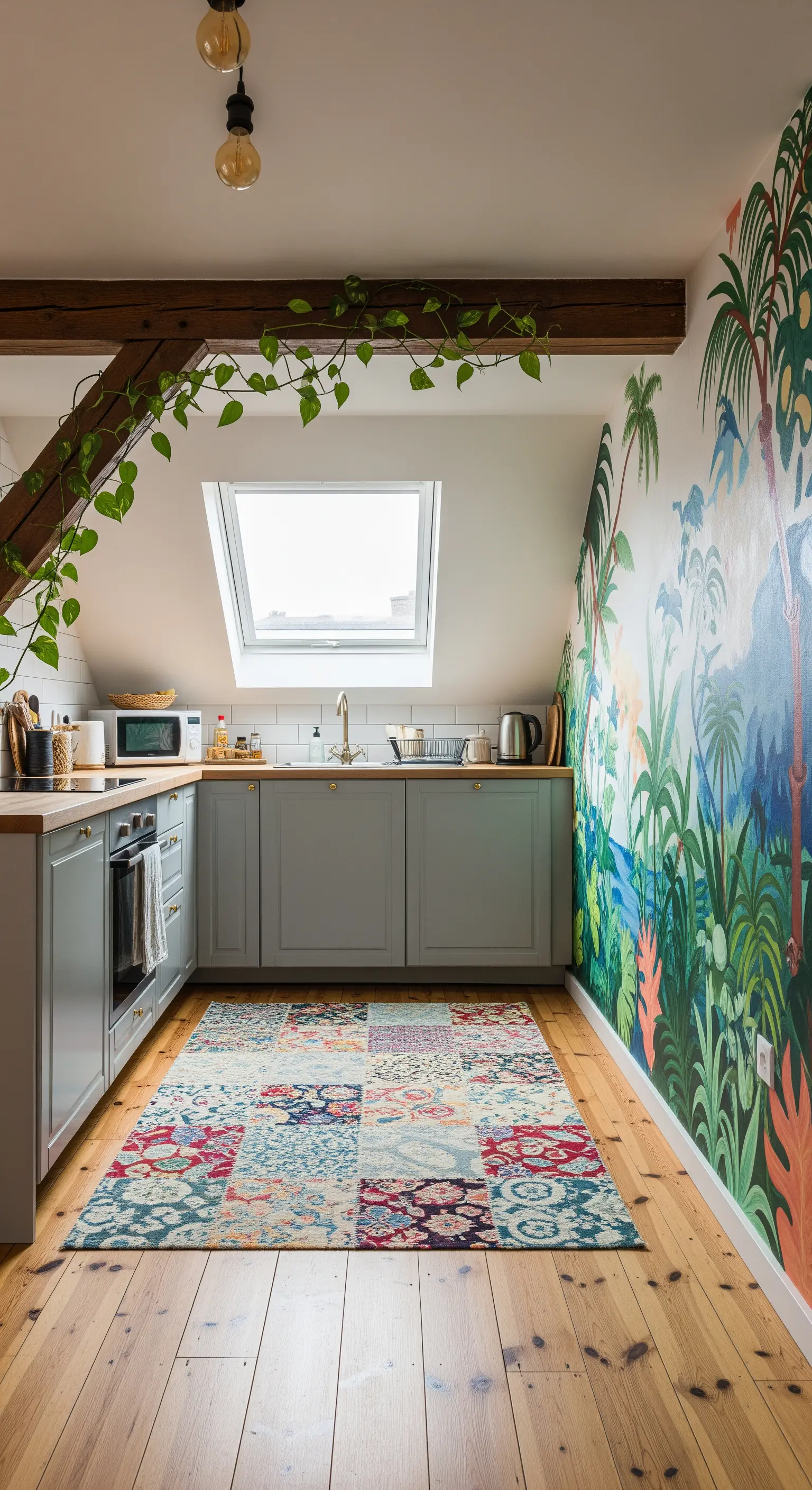 Cucina in mansarda con un grande murale a tema giungla e un tappeto patchwork colorato.