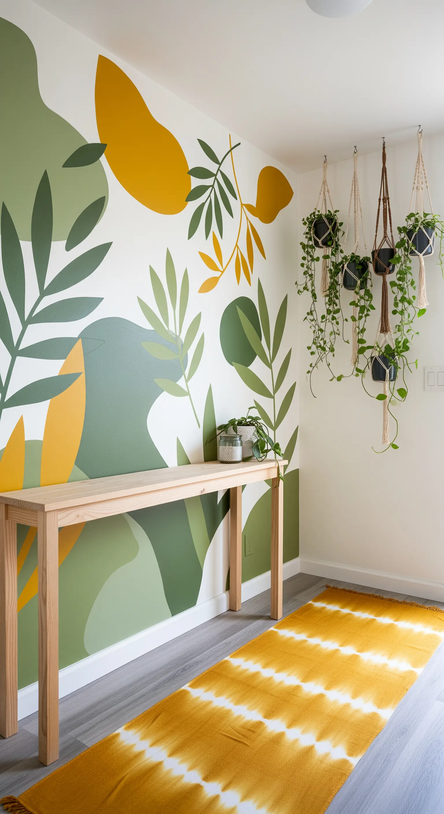 Murale botanico astratto verde e senape dietro una consolle in legno e un runner tie-dye.