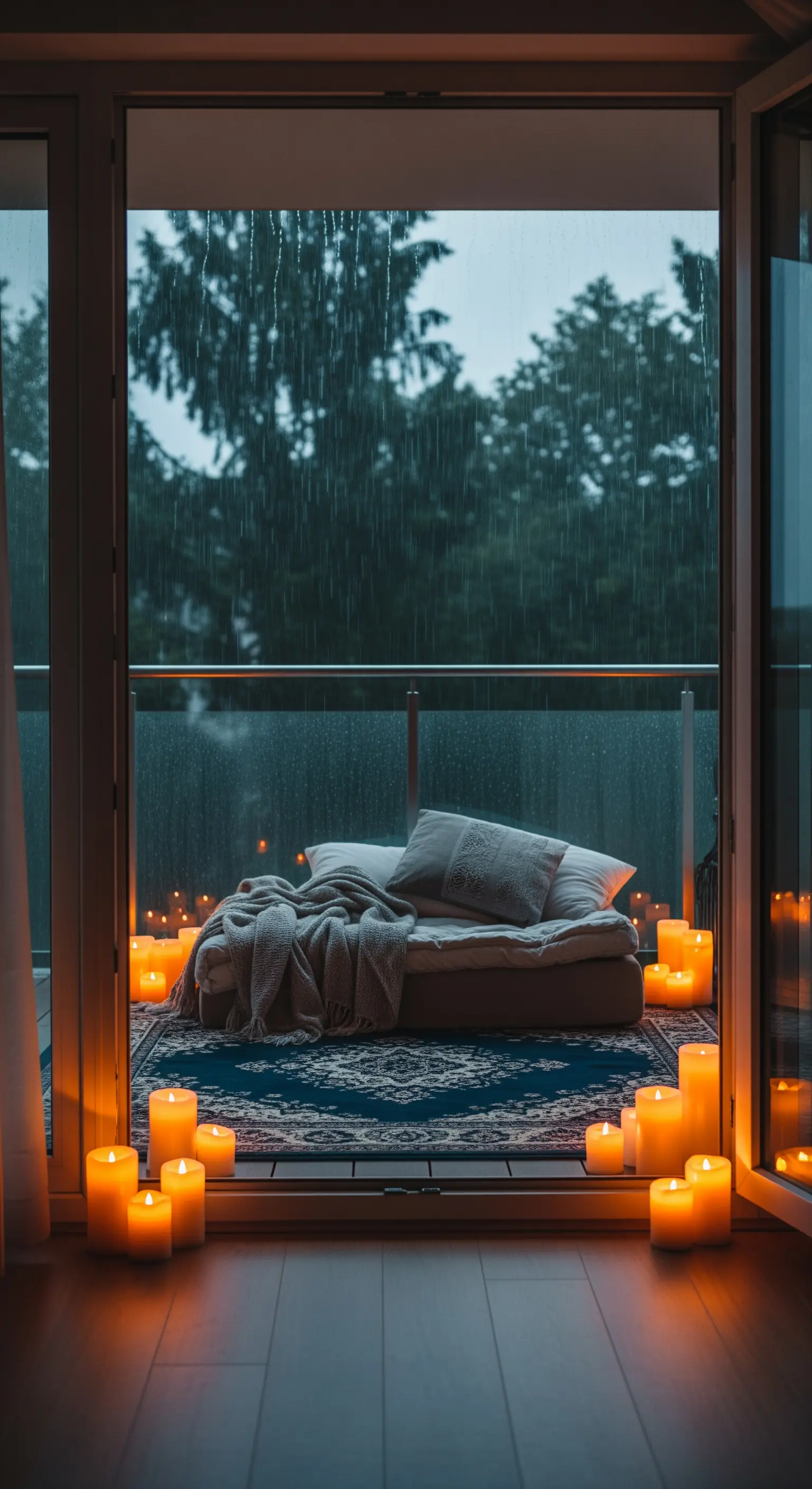 Vista dall'interno di un balcone sotto la pioggia, con un futon e un perimetro di candele.