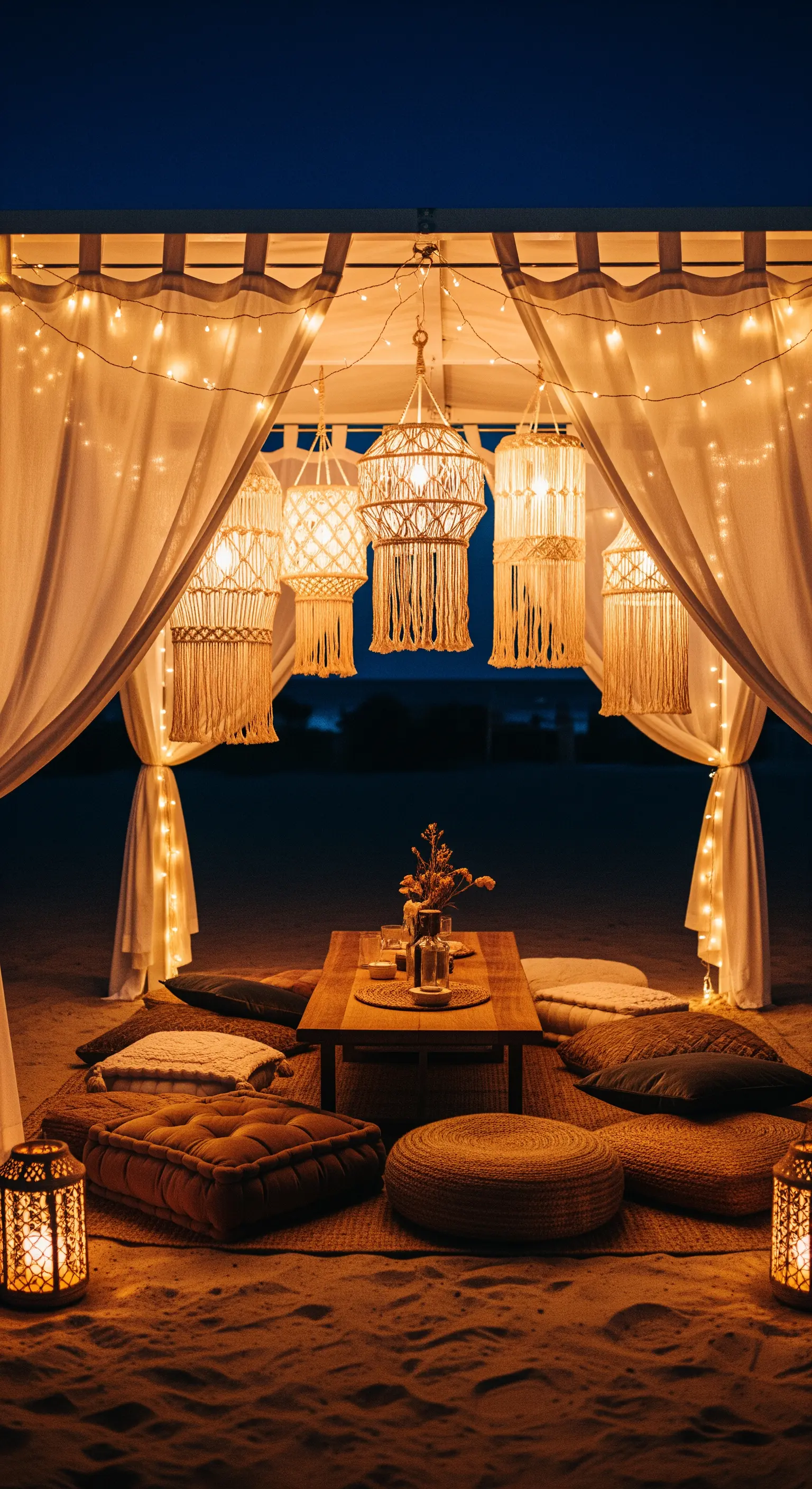 Gazebo sulla spiaggia con tende bianche, lampade in macramè, cuscini e tavolo basso.