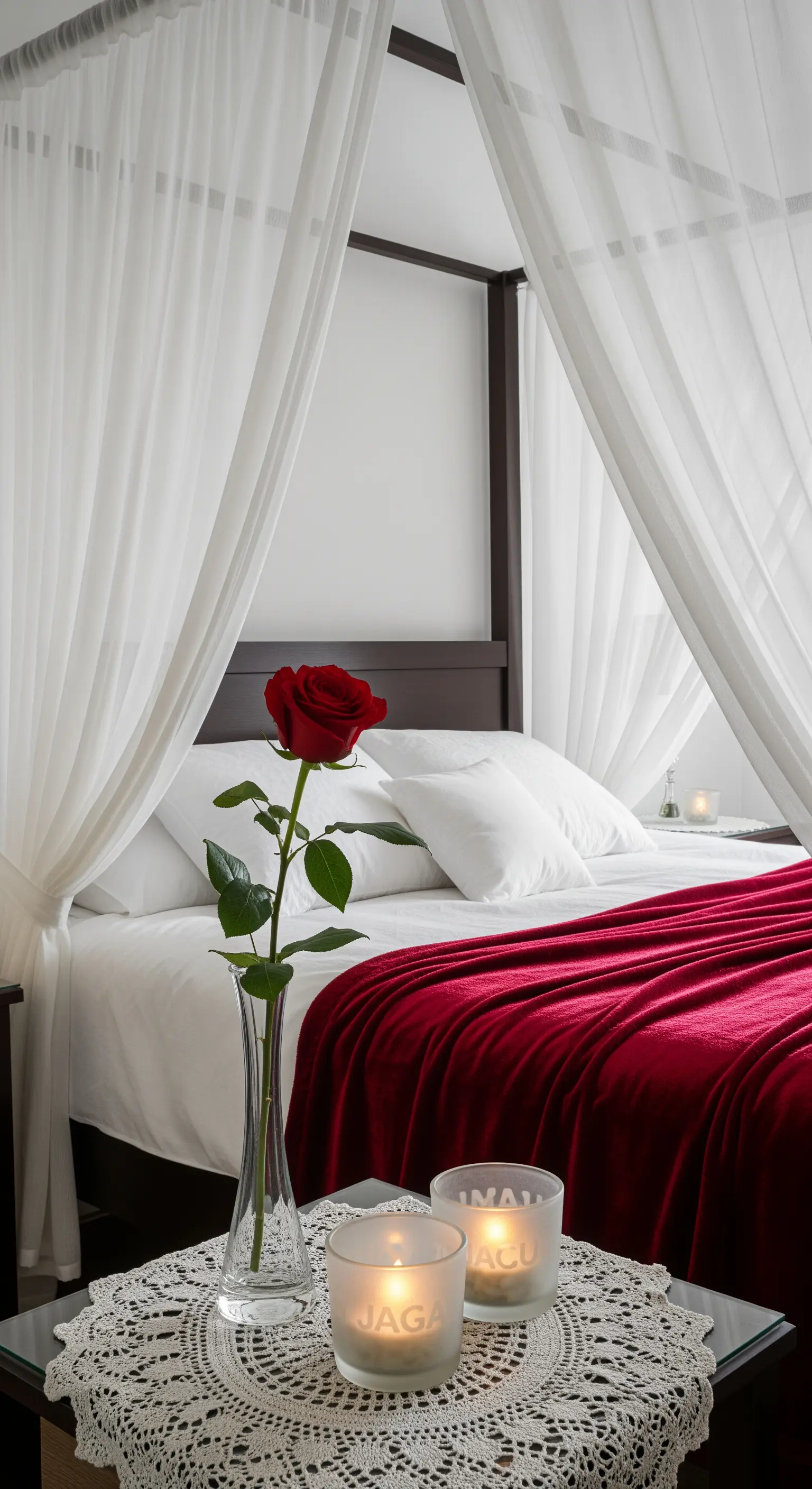 Letto a baldacchino con tende bianche, un plaid rosso e una rosa in un vaso.