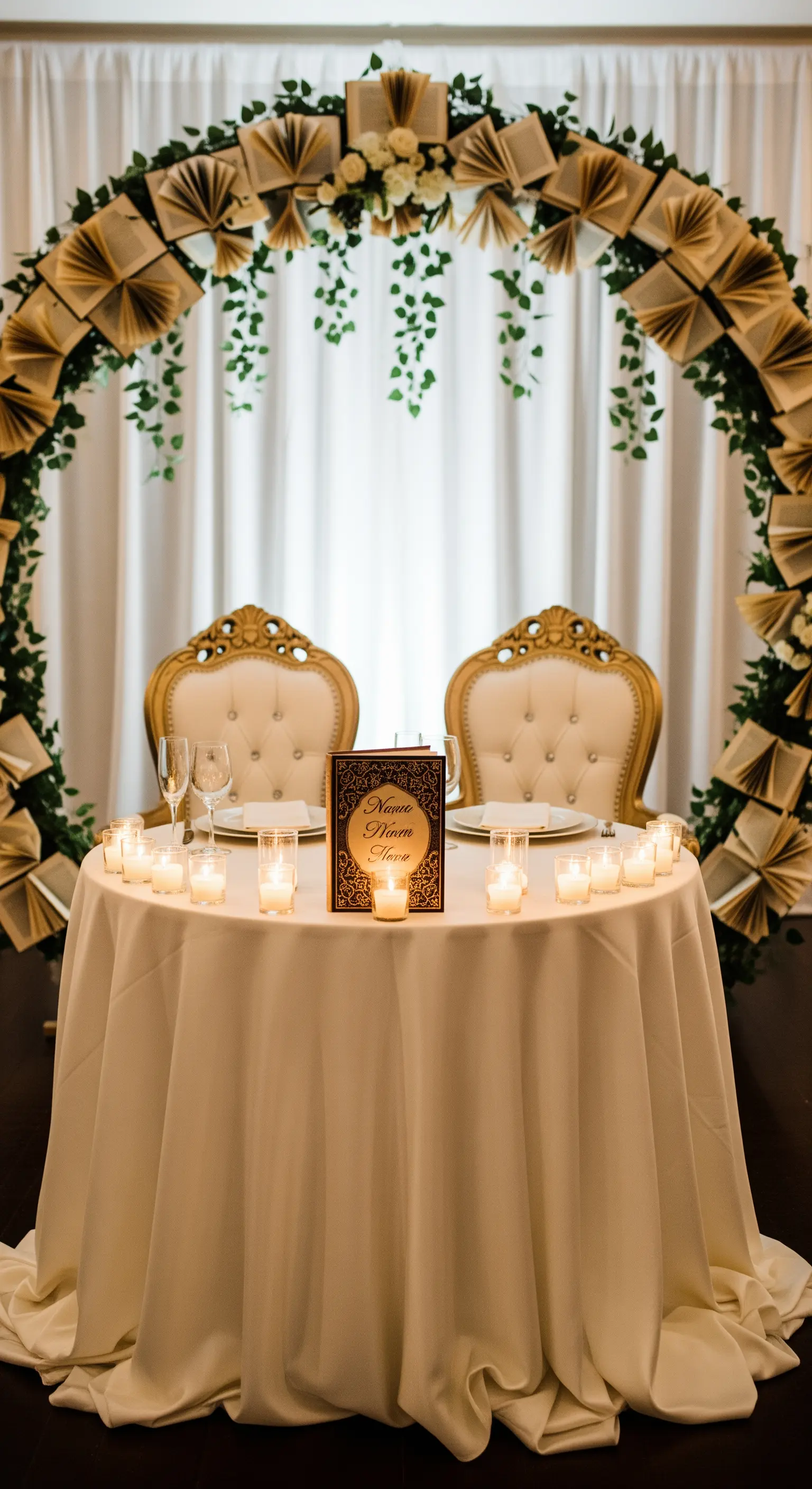 Tavolo degli sposi con arco circolare decorato con pagine di libri e candele.