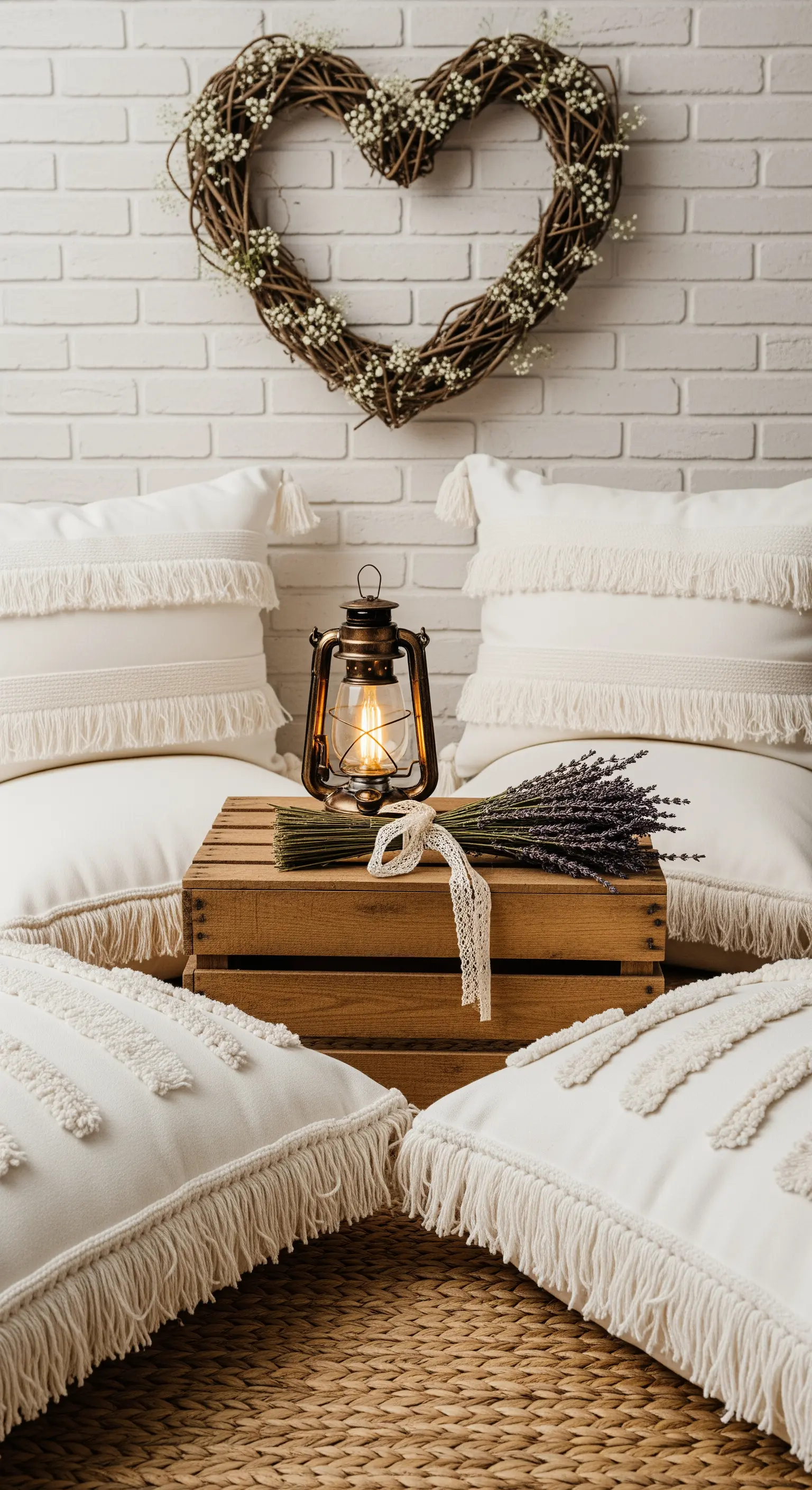 Angolo relax a terra con cuscini bianchi, una lanterna e un mazzo di lavanda su una cassa di legno.