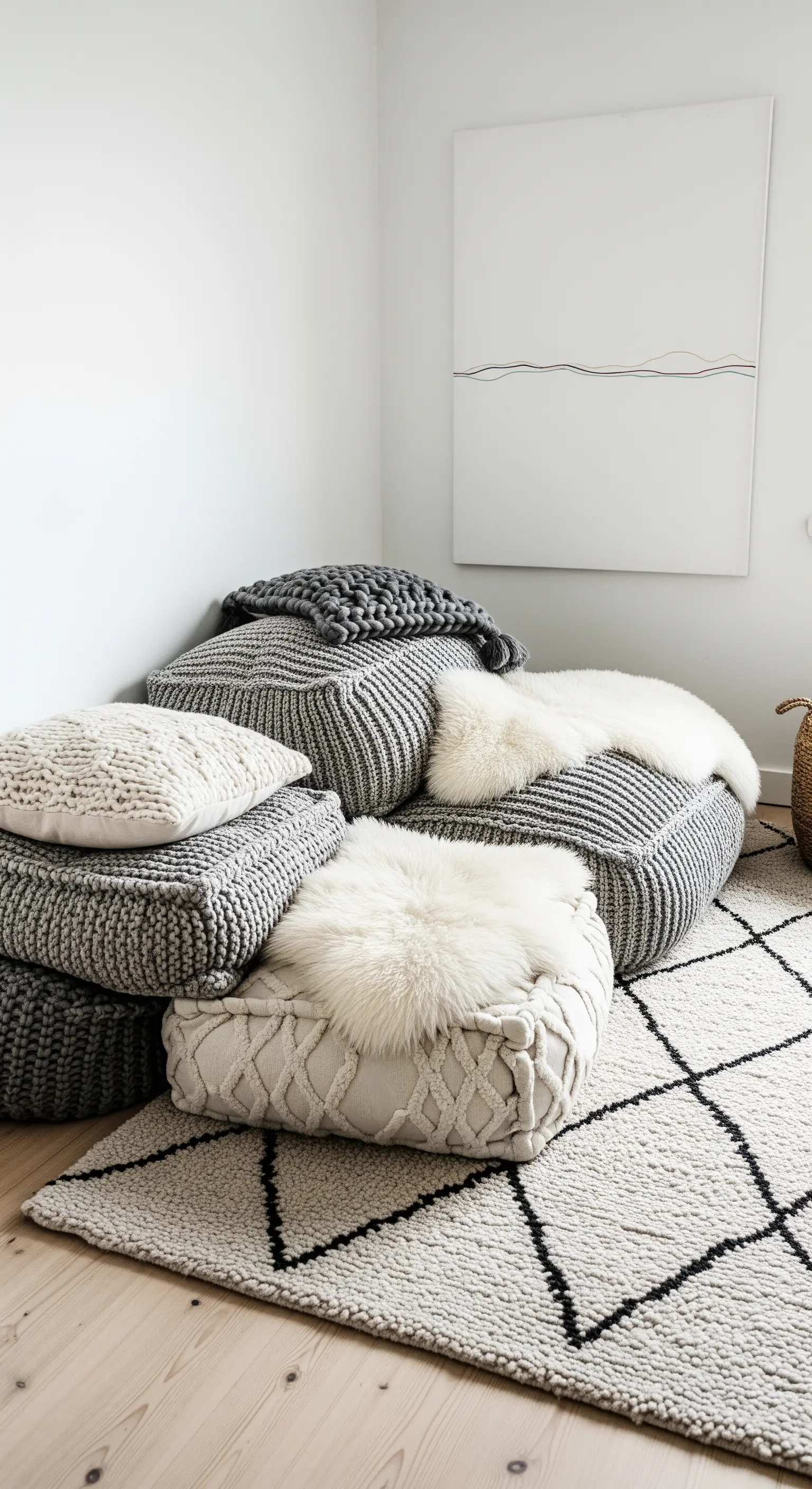 Accumulo di pouf e cuscini in maglia grigia e bianca, con coperte di pelliccia, su un tappeto berbero.