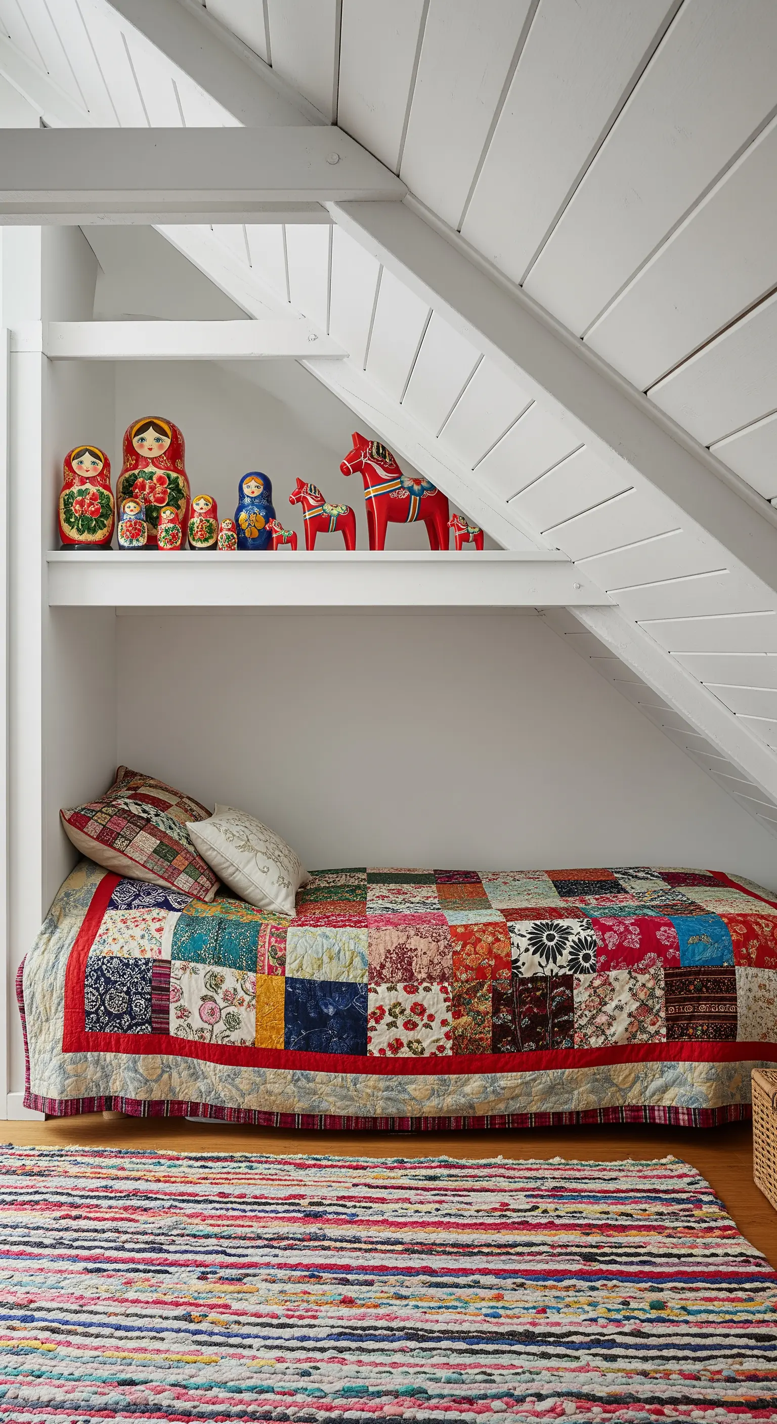 Letto in una mansarda con travi a vista, coperta patchwork e bambole Matrioska su una mensola.