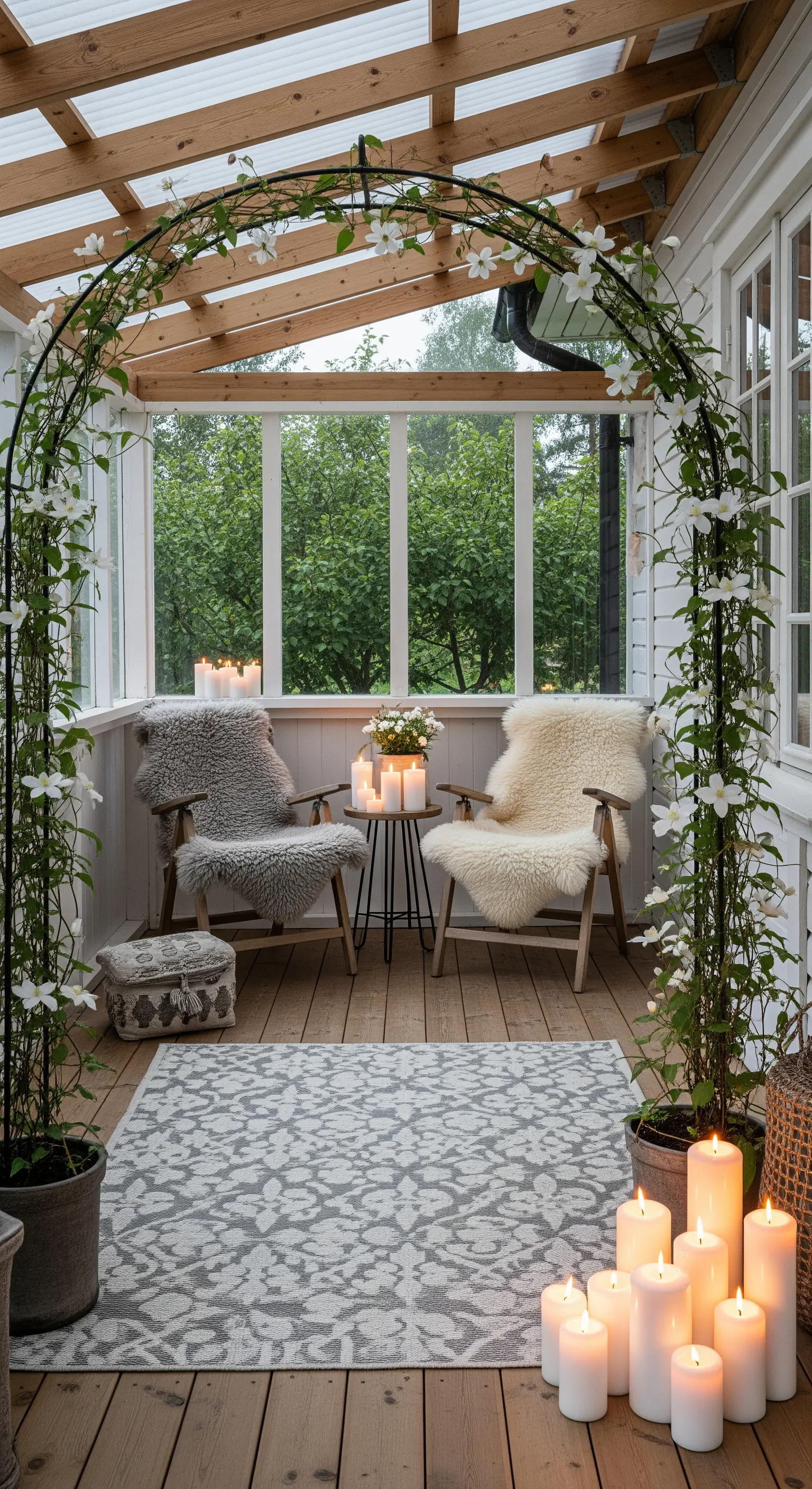 Veranda accogliente con sedie in legno e pelliccia, arco di clematide e candele