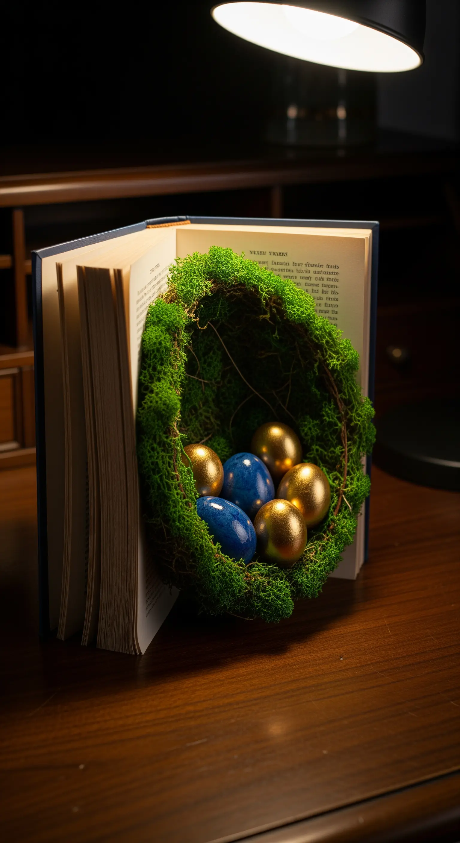 Nido di muschio con piccole uova blu e oro nascosto all'interno di un libro aperto.