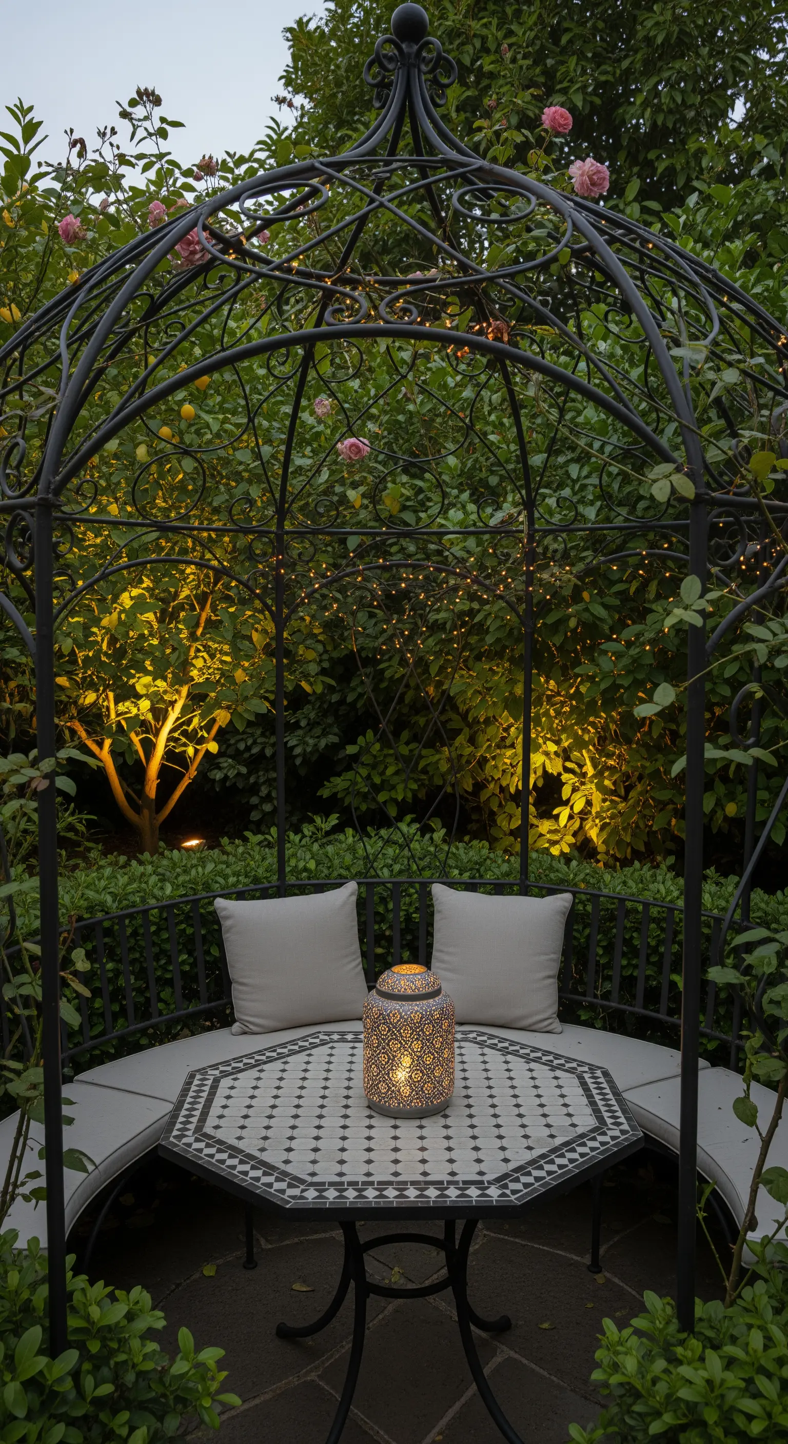Gazebo in ferro battuto con panca, cuscini e tavolino in mosaico, illuminato da una lanterna