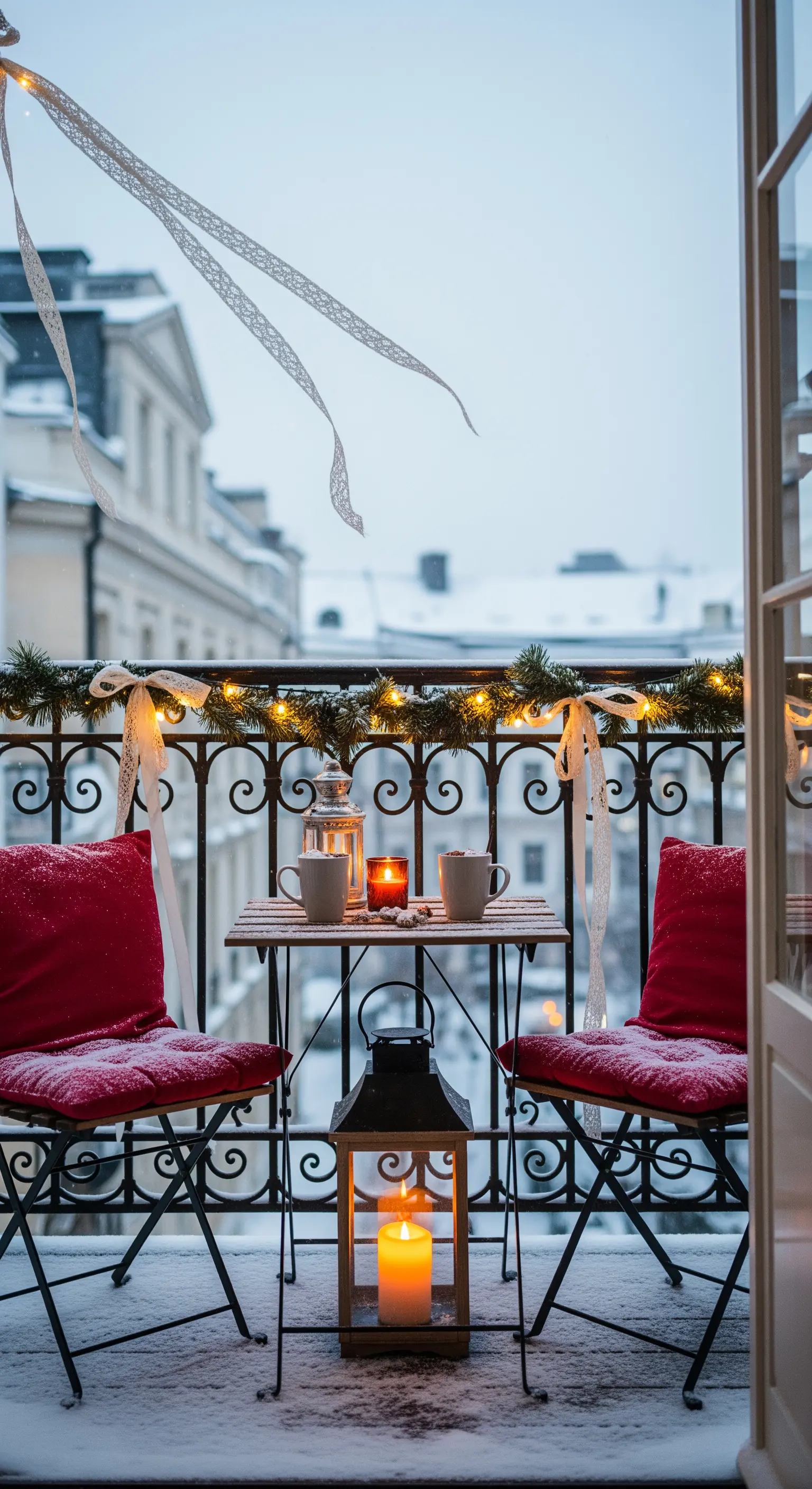 Balcone innevato con sedie e cuscini rossi, ghirlanda luminosa e una lanterna a terra.