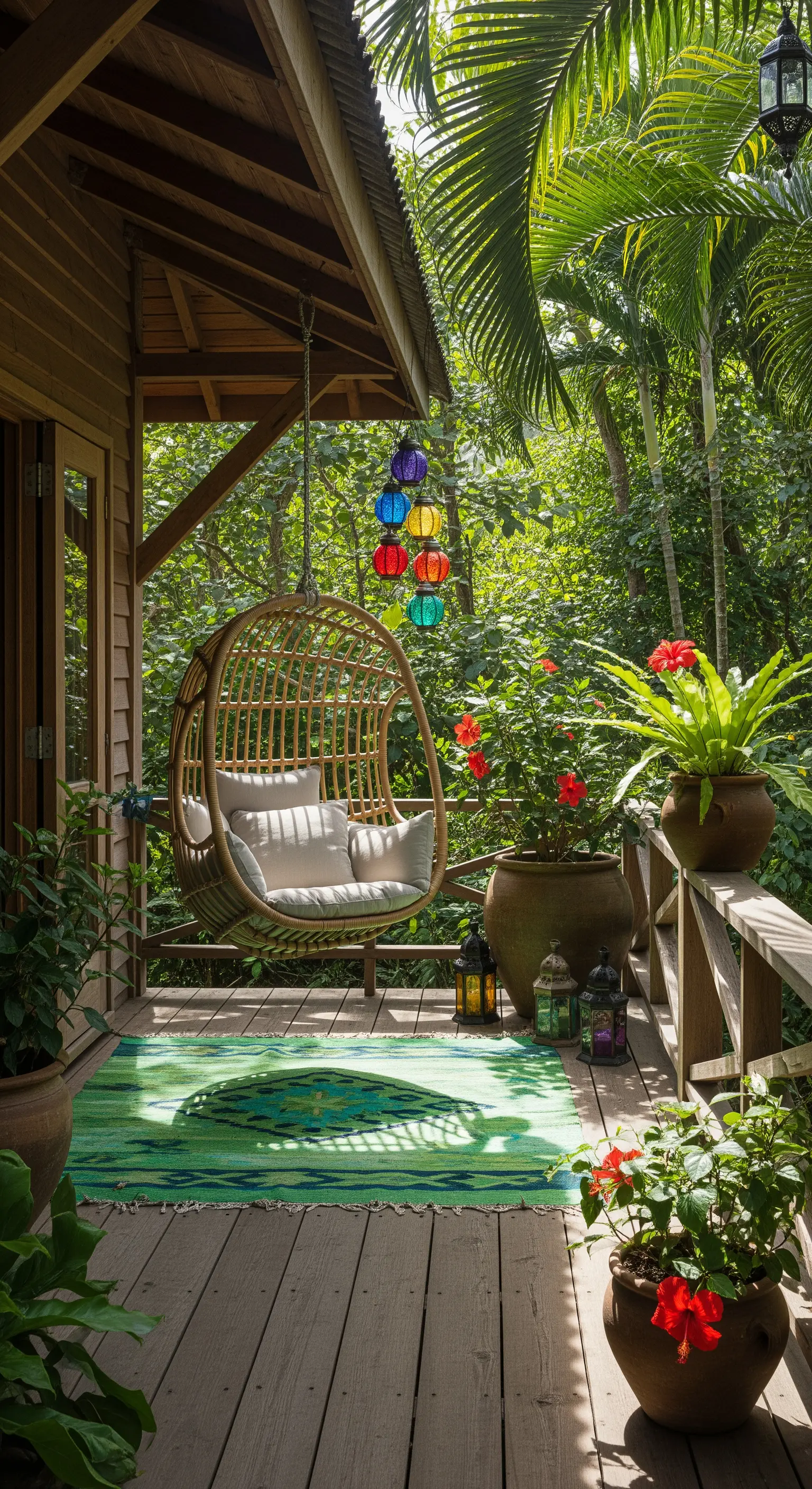 Poltrona sospesa in vimini su un portico in legno circondato da una vegetazione lussureggiante.