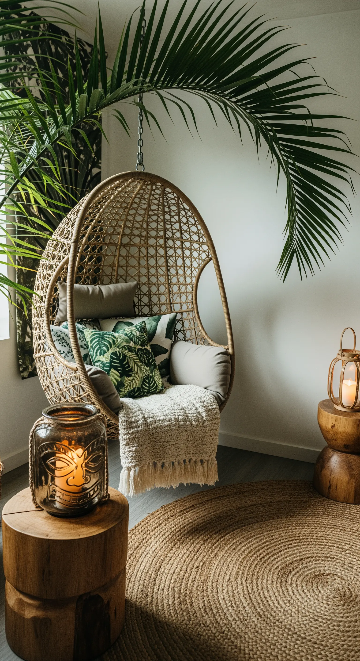 Poltrona sospesa in rattan con cuscini, tappeto in iuta e lanterne con candele.