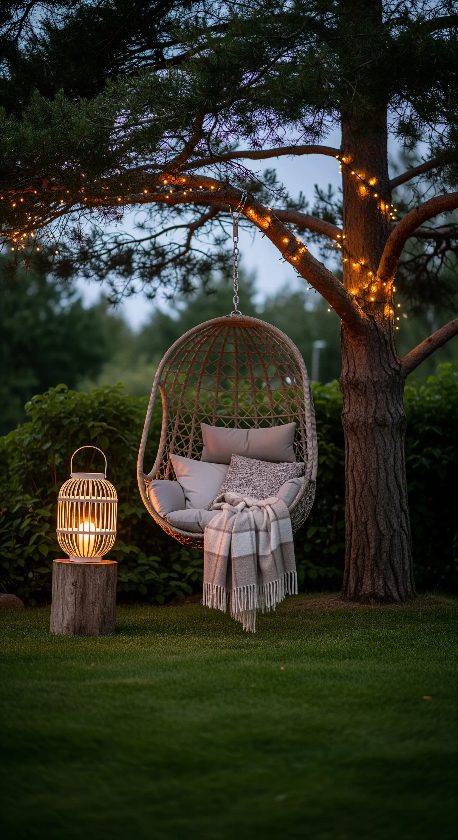 Poltrona sospesa in rattan appesa a un albero illuminato da lucine, con una lanterna a terra.