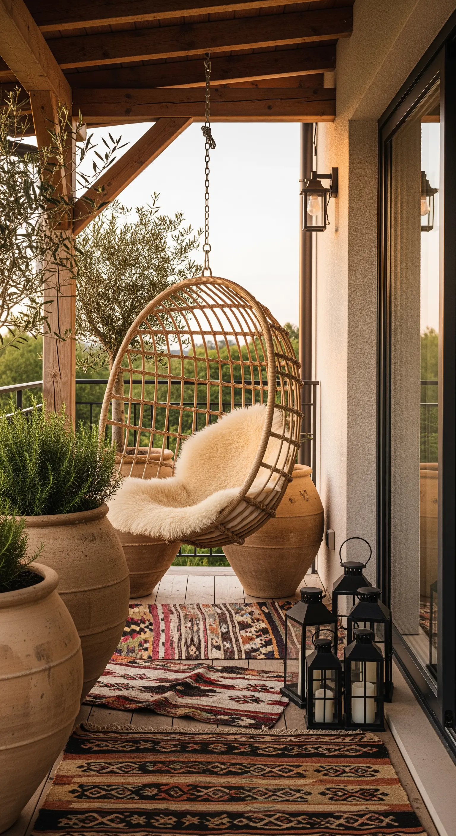 Poltrona sospesa in rattan con pelle di pecora, tappeti kilim e vasi in terracotta.