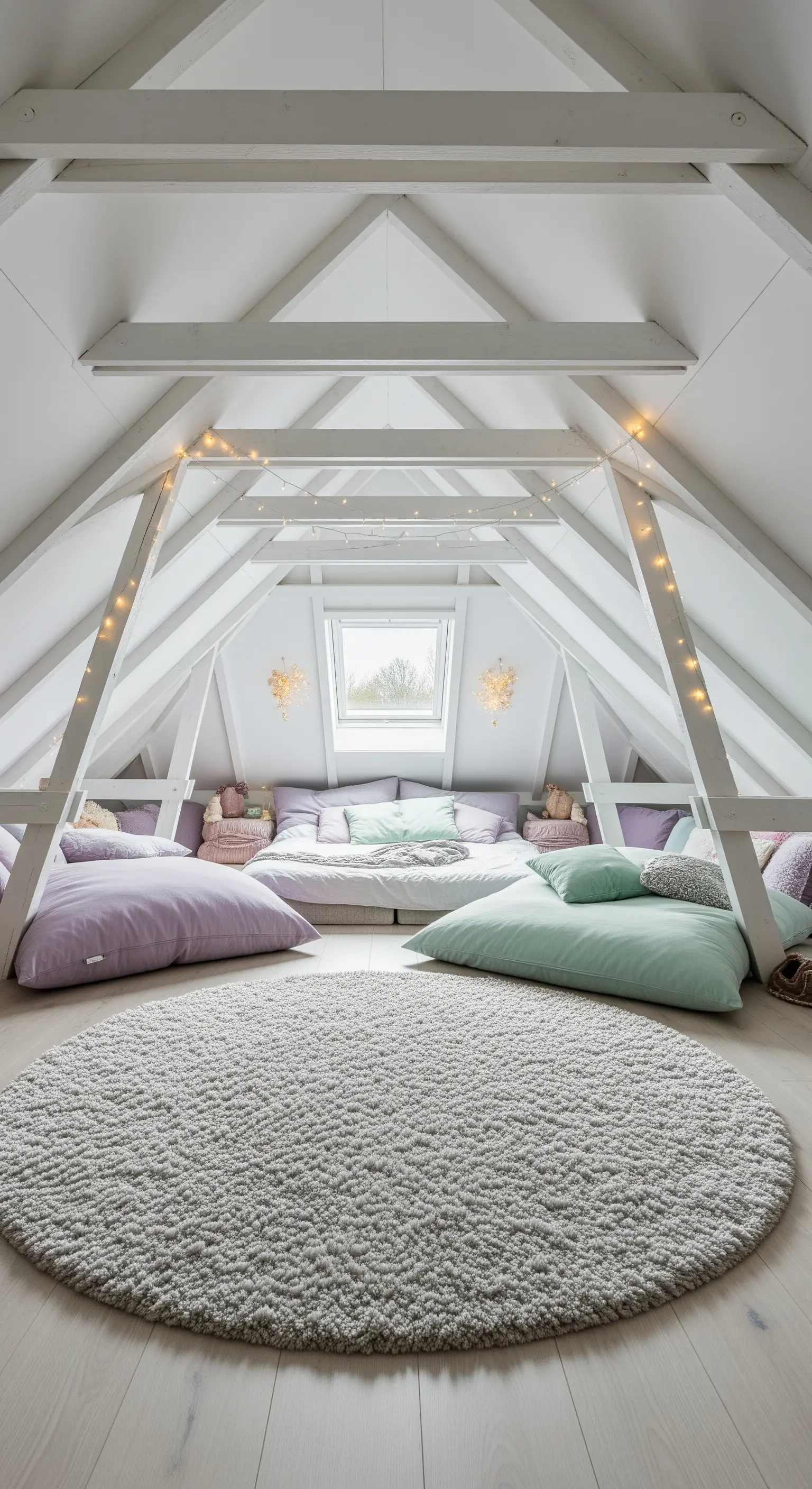 Mansarda bianca con cuscini da pavimento color pastello e un grande tappeto rotondo al centro.