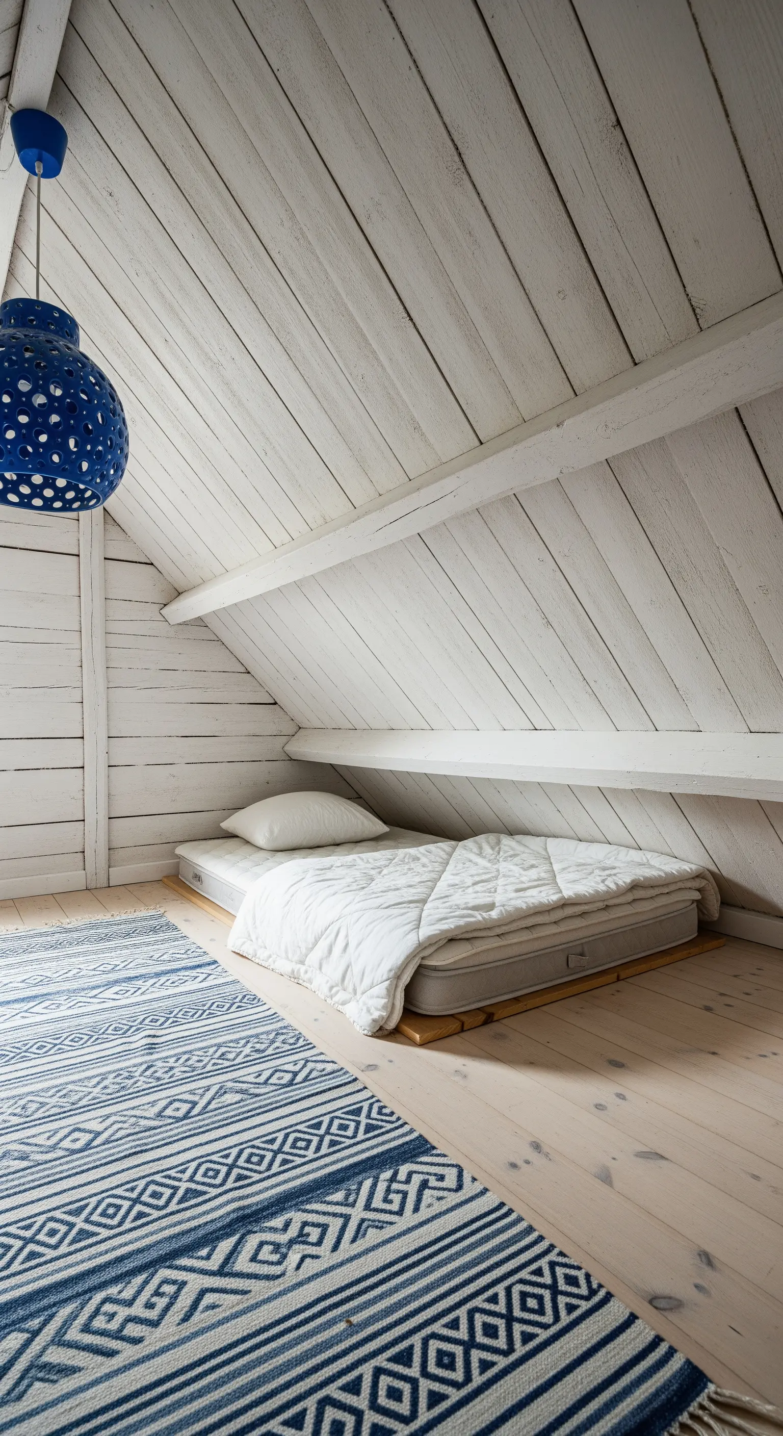 Stanza mansardata con letto basso, tappeto geometrico blu e lampada a sospensione blu.