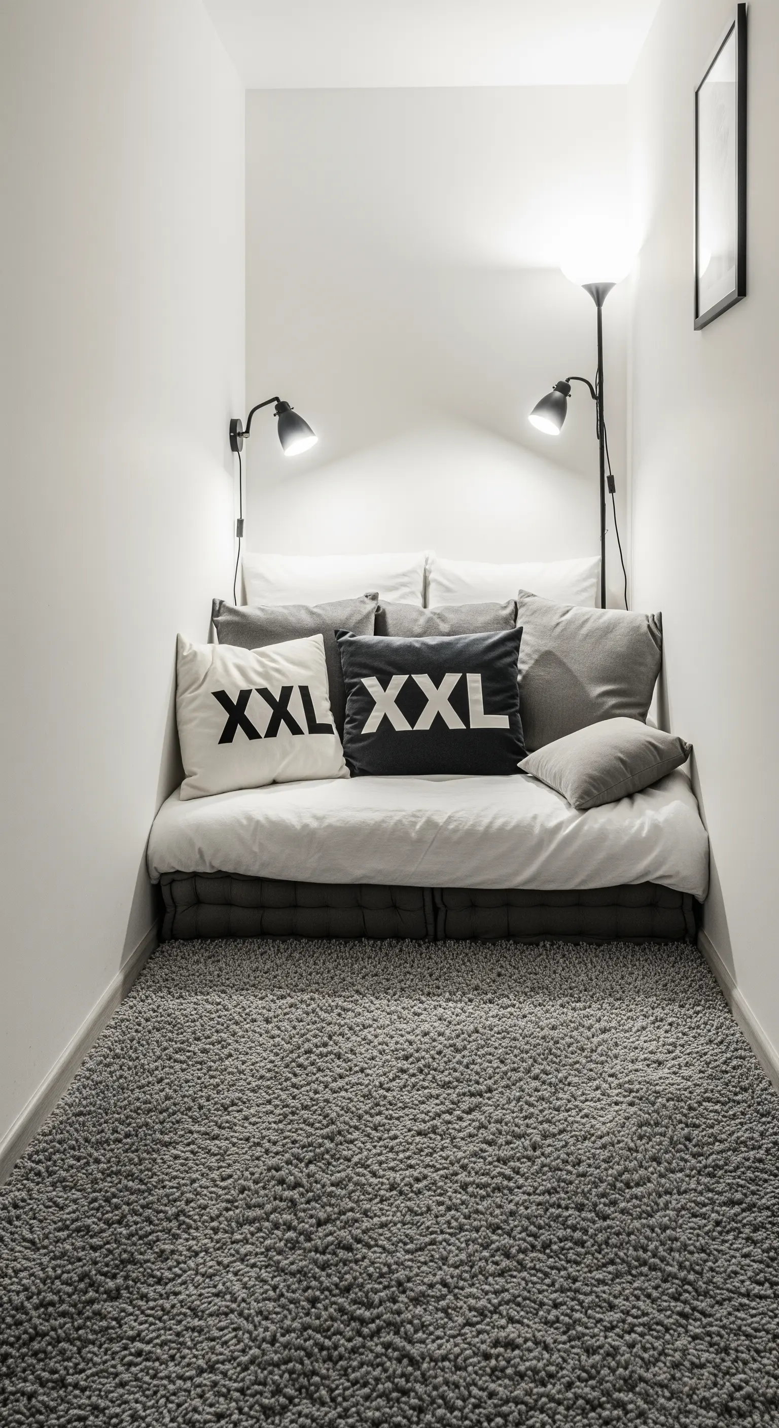 Piccola nicchia trasformata in zona letto con un materasso e un tappeto grigio che copre tutto il pavimento.