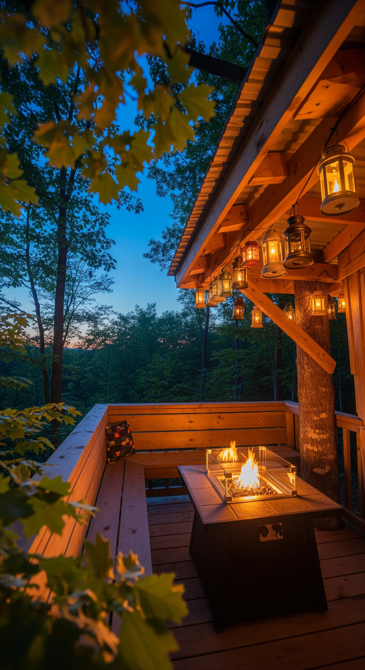 Terrazzo in legno tra gli alberi con panca a L, tavolo-braciere e una ghirlanda di lanterne.