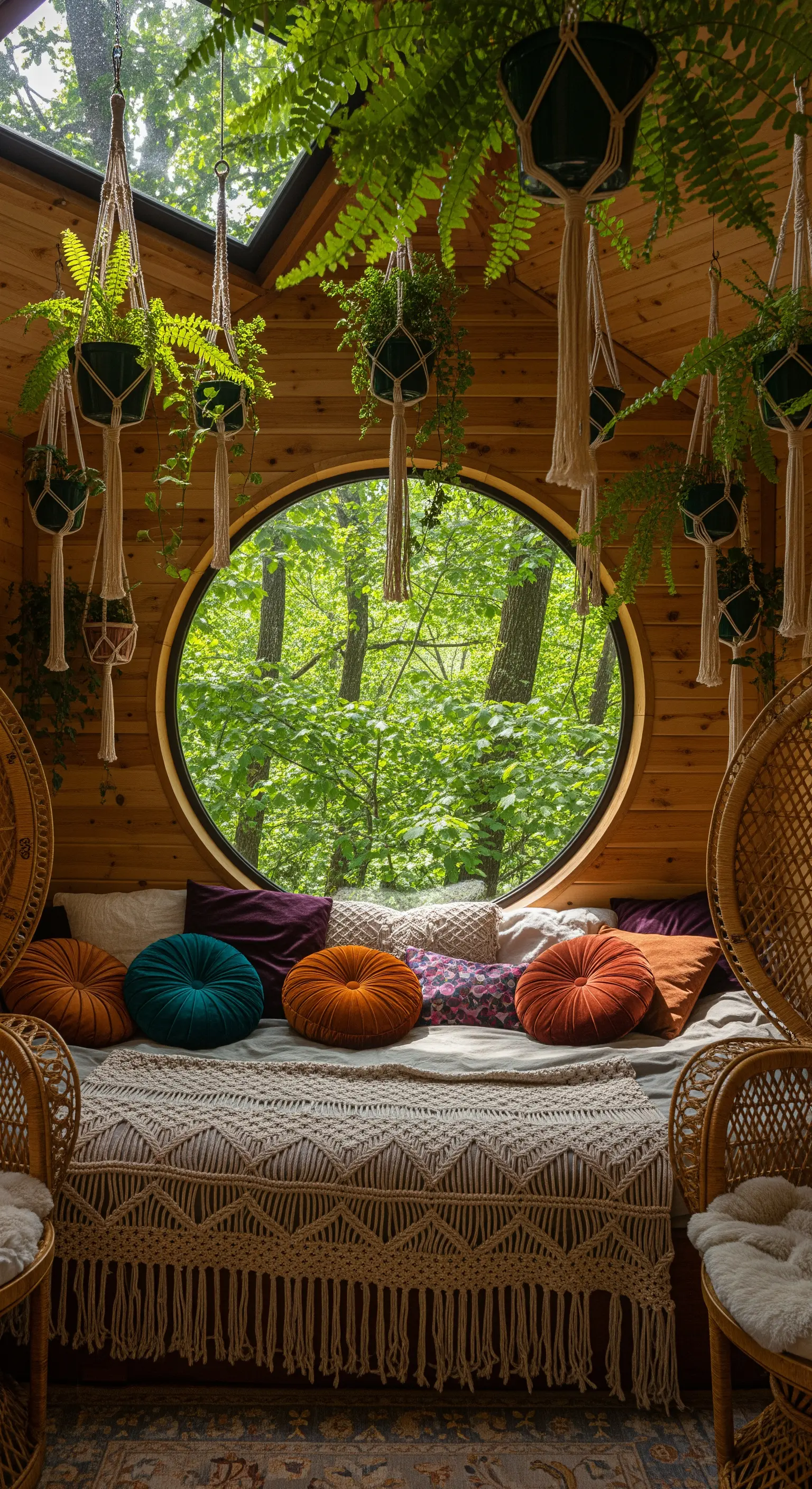 Angolo lettura bohémien con cuscini e piante sospese attorno a una finestra rotonda.
