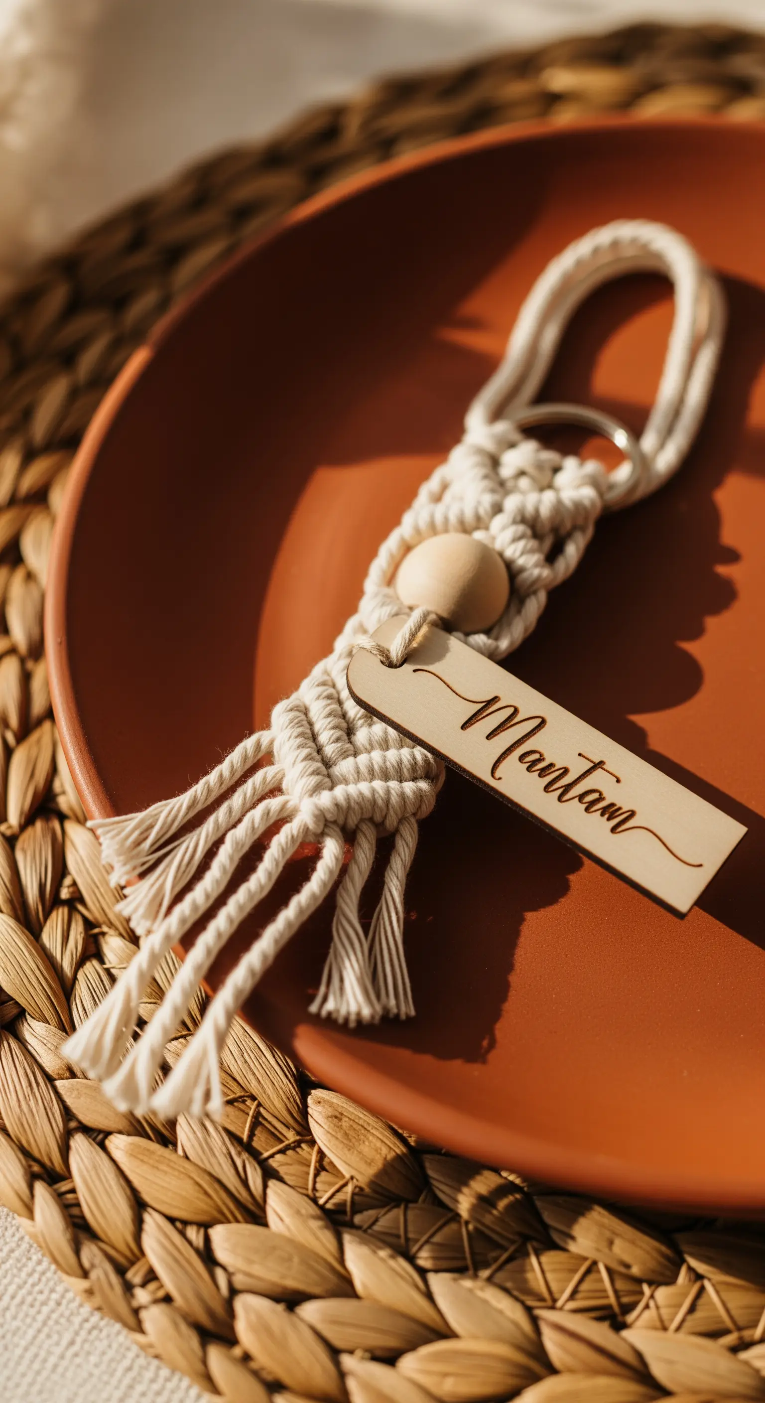 Portachiavi in macramè con etichetta in legno incisa, per un segnaposto boho.