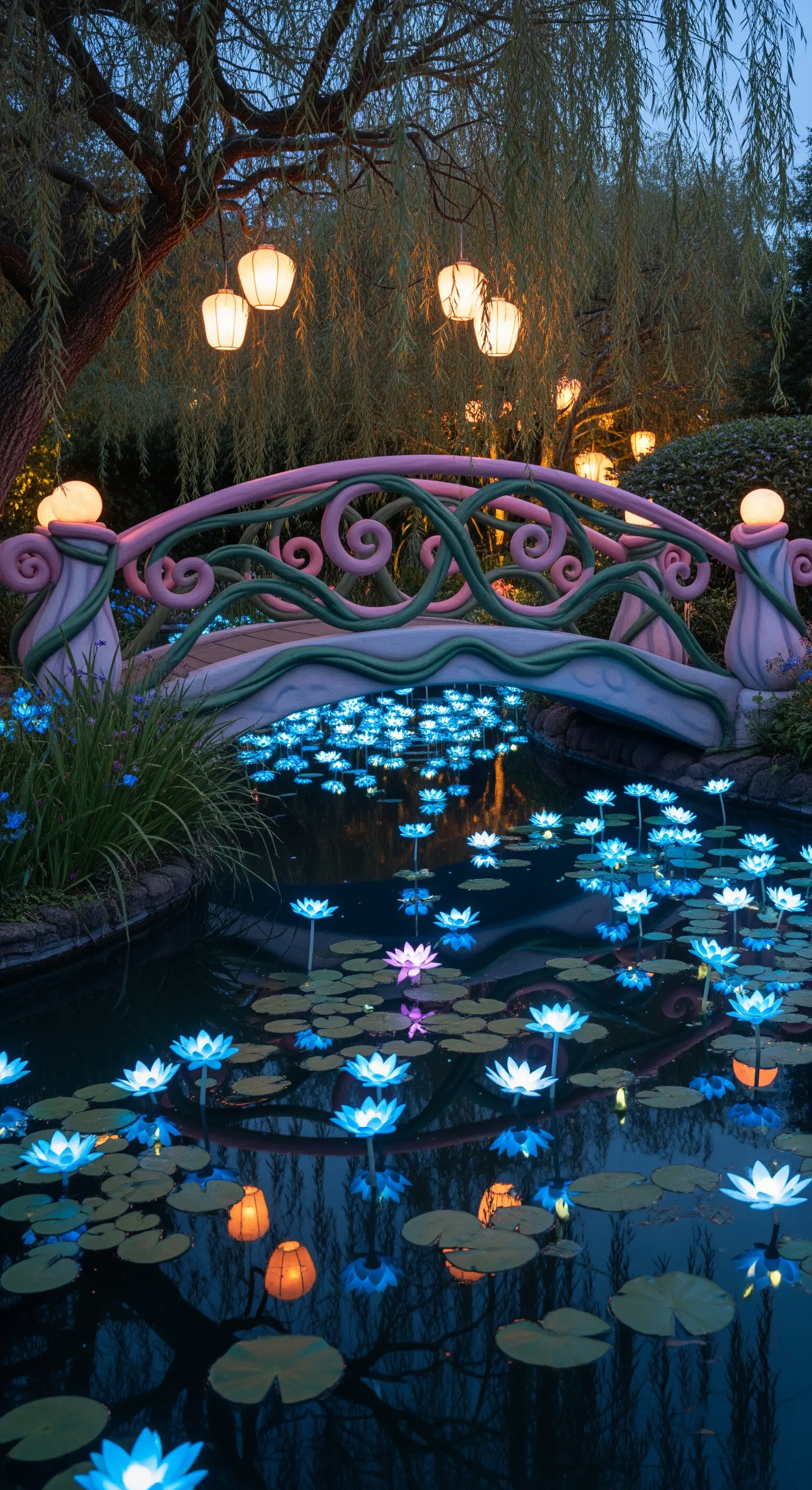 Ponte rosa dalle forme sinuose di notte, con ninfee blu che si illuminano nell'acqua